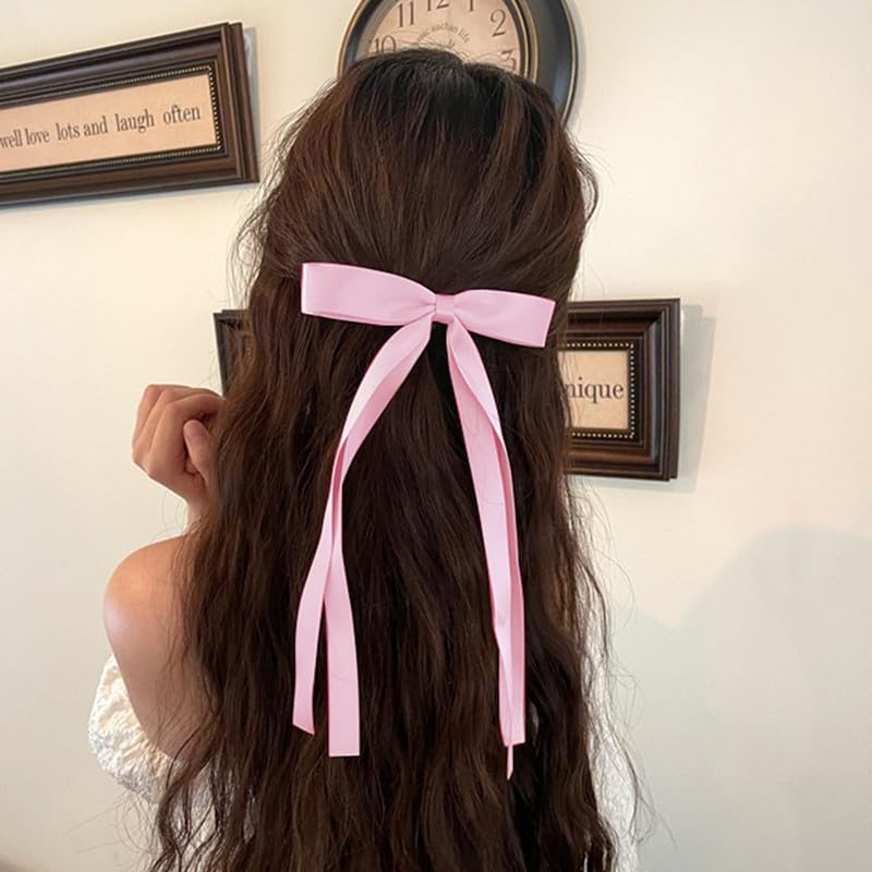 FAMEZA 4 PCS Long Tail Ribbon Hair Clips with Bowknot - Women's Fashion Hair Accessories for Ponytails, Braids & Updos (Multicolor)