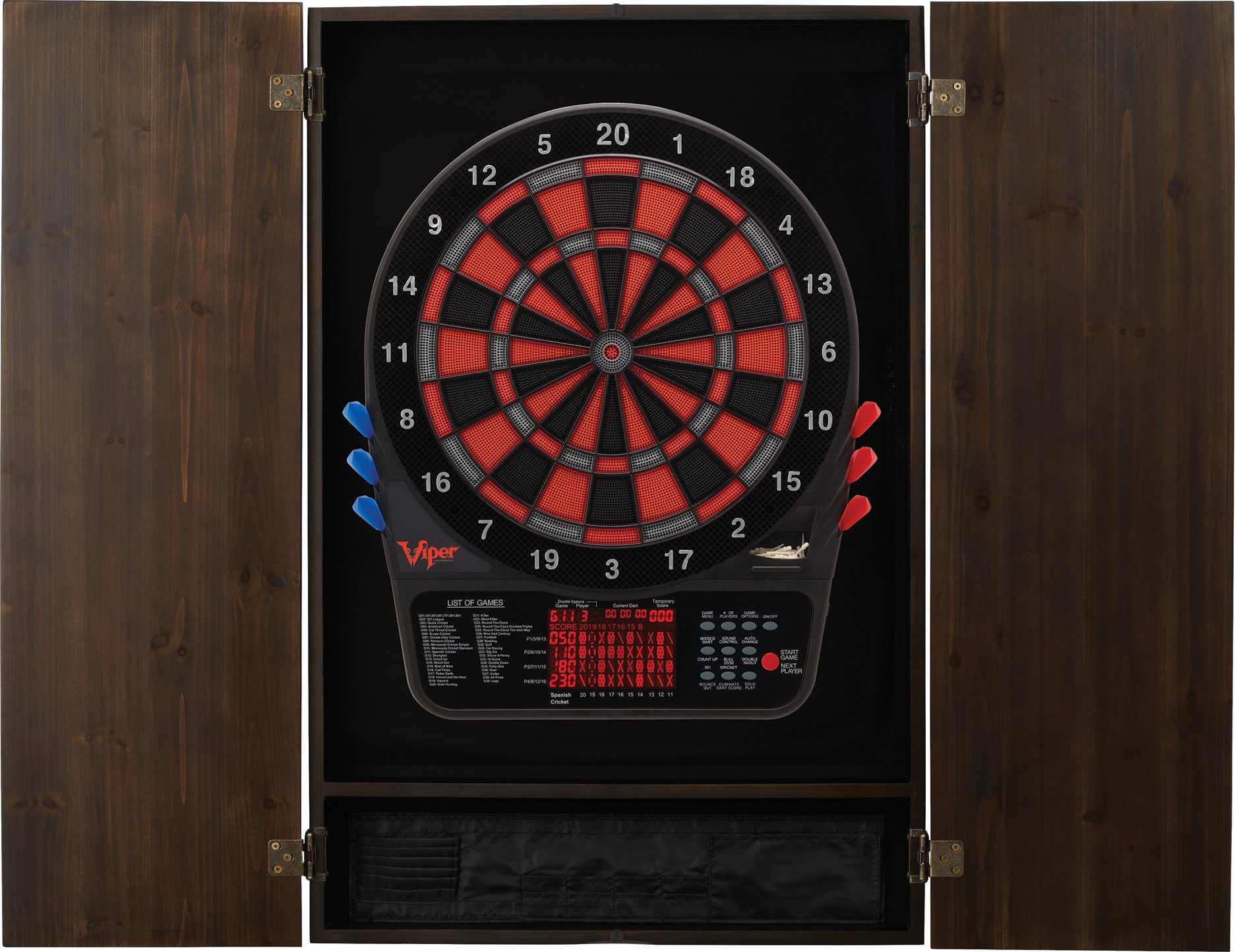 Premium Viper Metropolitan Solid Wood Dartboard Cabinet with Electronic Dartboard - Ready-to-Play Bundle Includes 2 Soft-Tip Dart Sets & Integrated Storage - Multiple Stain Options for Home Game Rooms, Bars & Man Caves