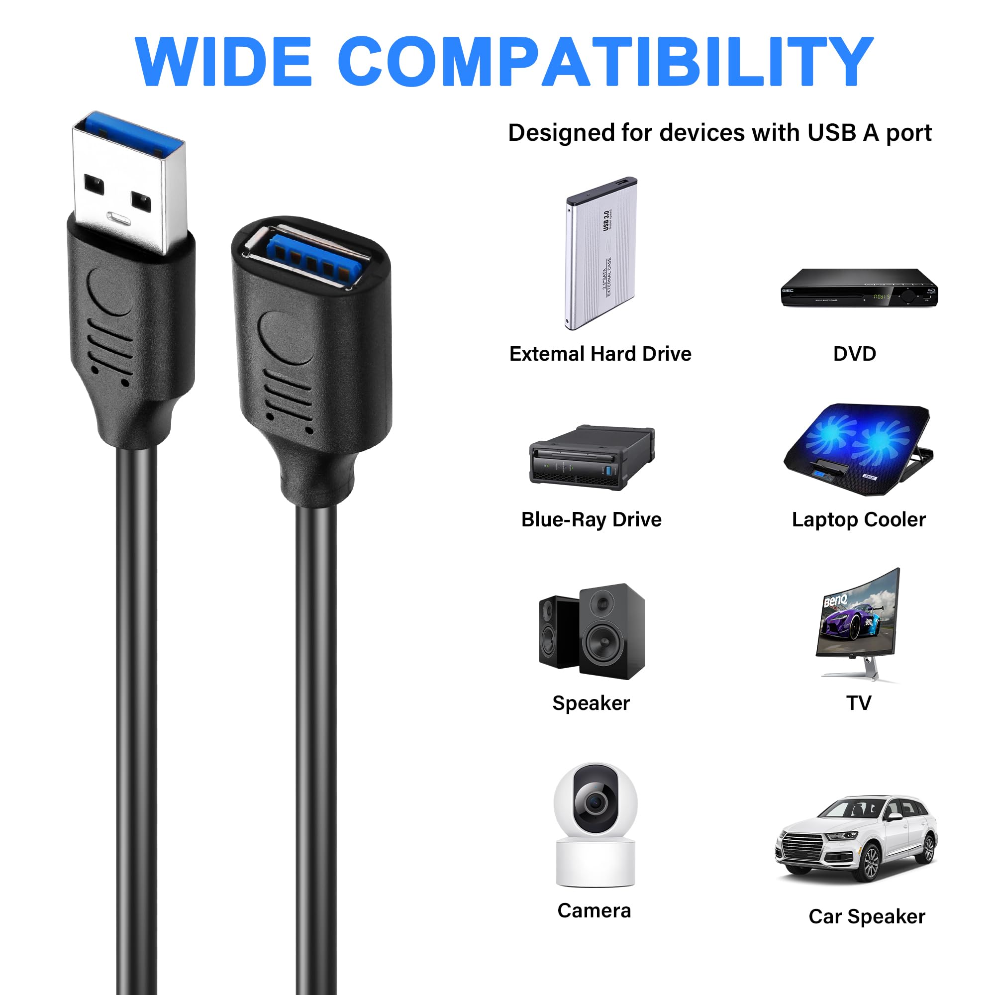 USB 3.0 Extension Cable with On/Off Switch - 1ft for PC, TV, Car & LED Strips