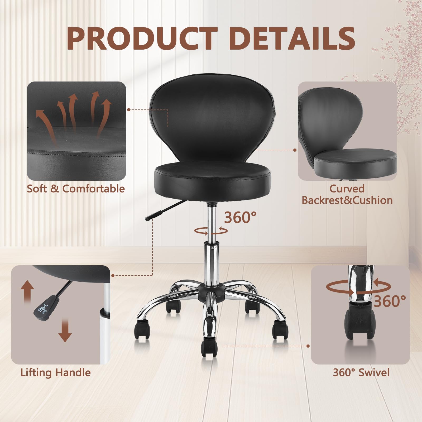 4 Pack PVC Faux Leather Rolling Swivel Salon Stools with Wheels - 15