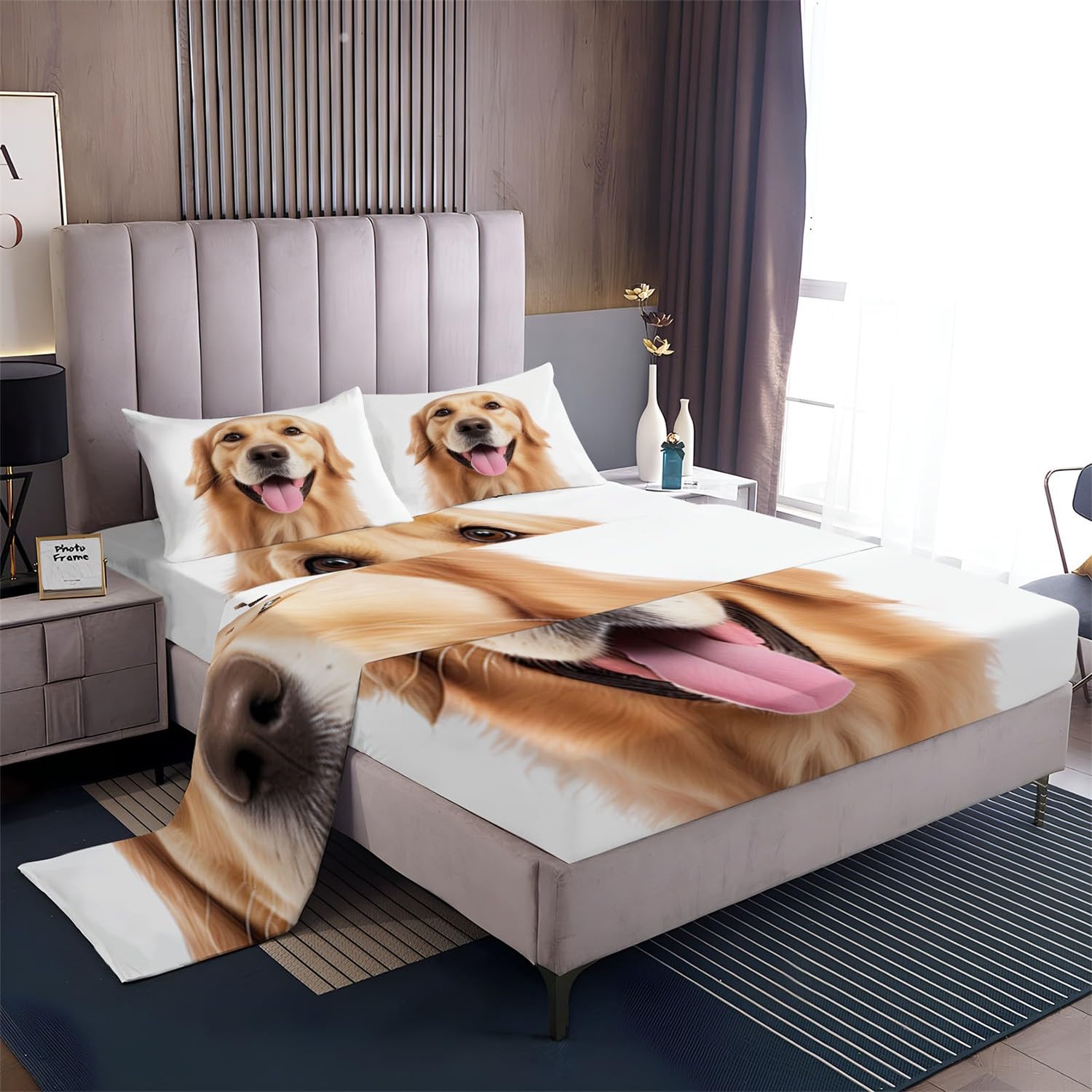 King Size 4-Piece Dog Lover Bed Sheet Set - Golden Retriever Print, Ultra Soft & Breathable Cooling Sheets with Deep 16