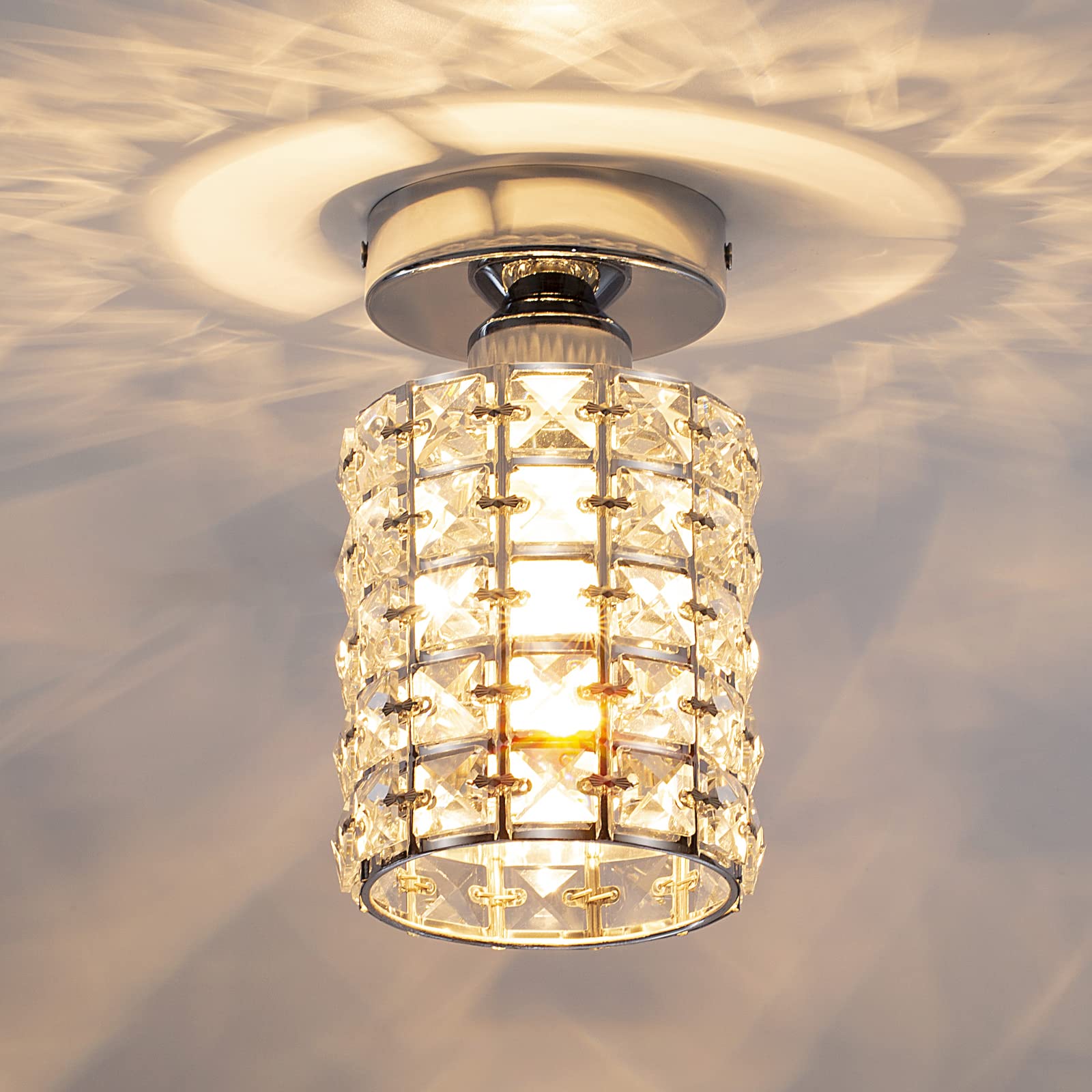 Modern Crystal Semi Flush Mount Ceiling Light Fixture - Small Chandelier Pendant Lamp for Bathroom, Hallway, Cafe, Bar, Porch & Indoor Lighting | Elegant Home & Commercial Decor