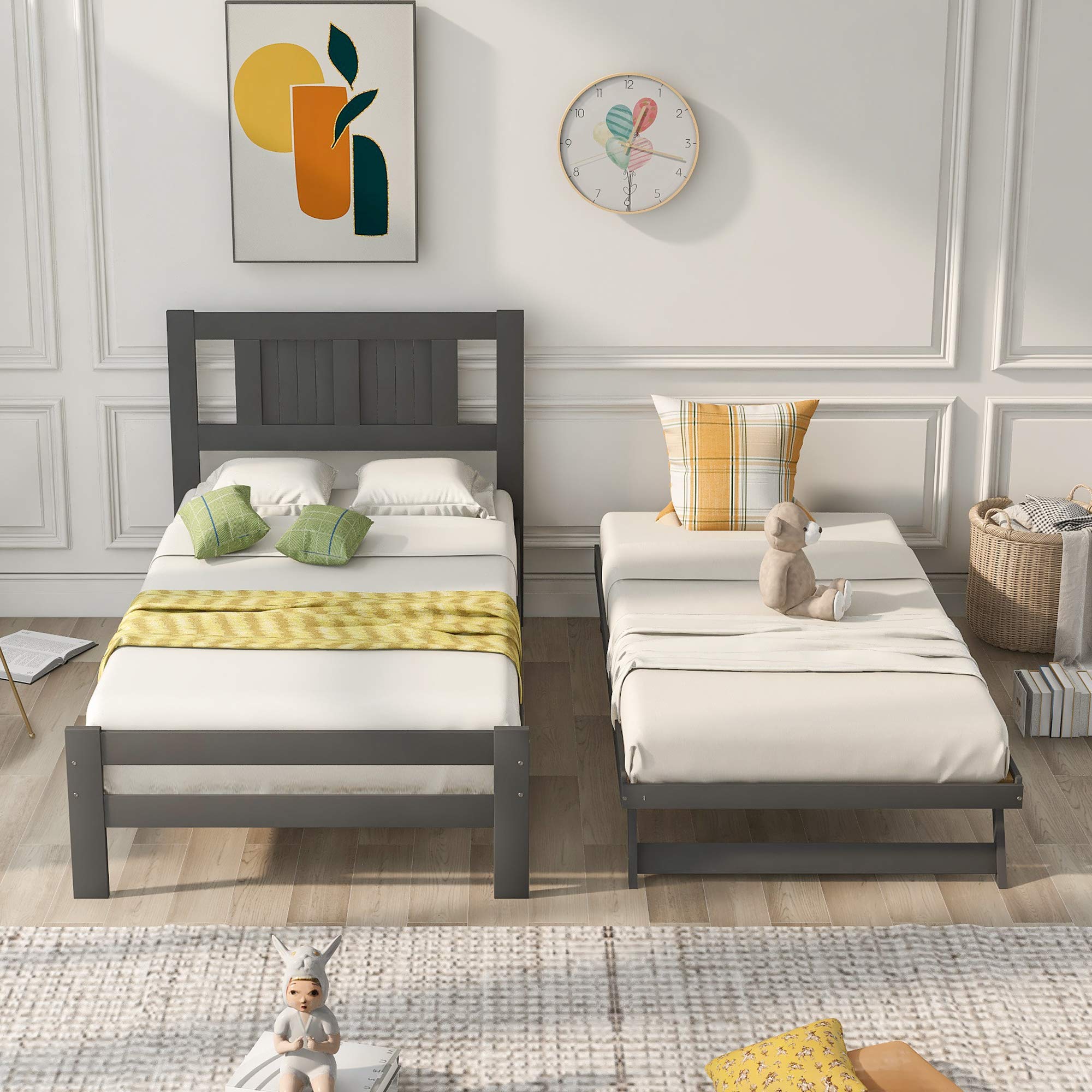 **Danxee Solid Wood Platform Bed Frame with Adjustable Pull-Out Trundle & Headboard - Full Size, Gray - Perfect for Guest Rooms, Kids' Rooms & Small Spaces**
