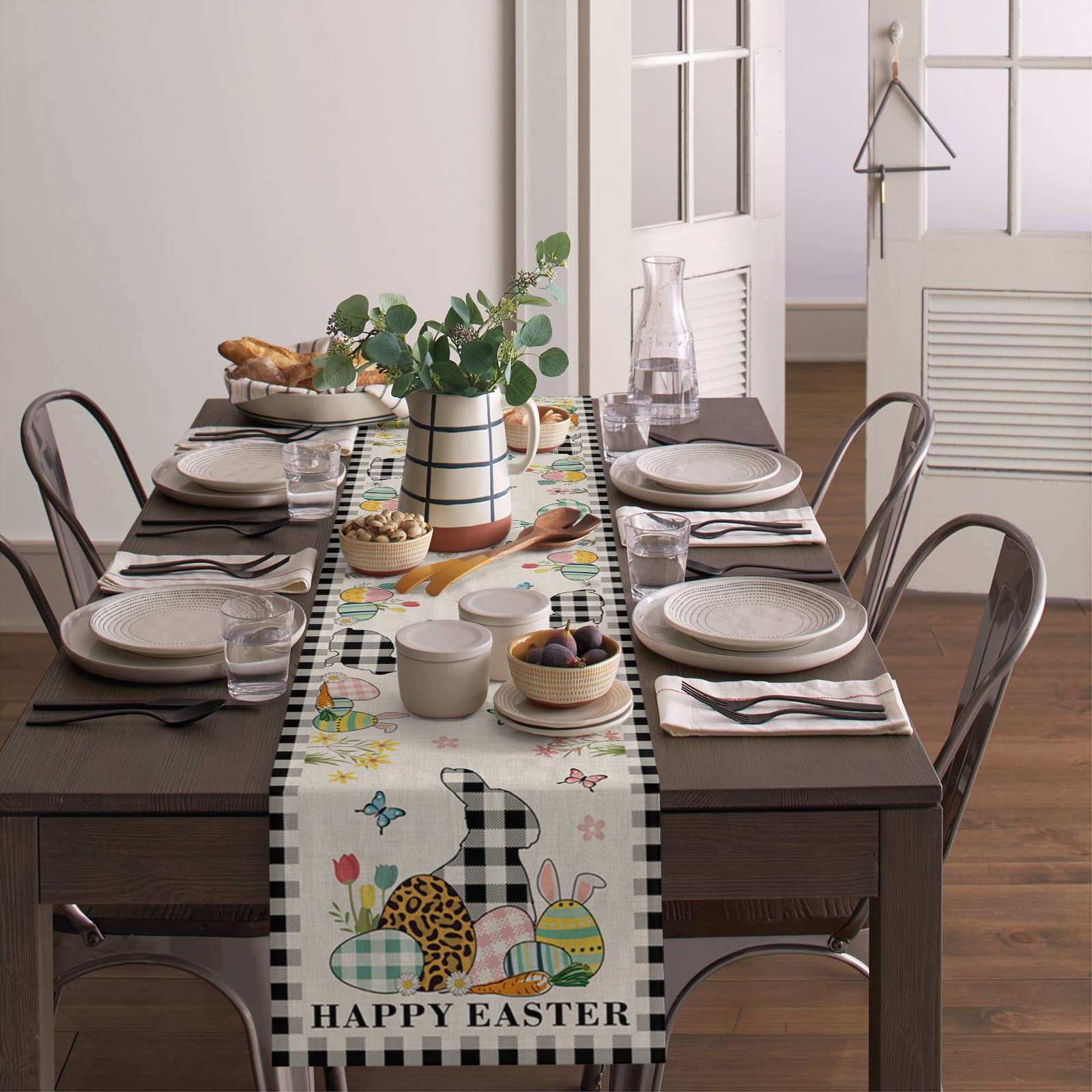 90 Inch Easter Table Runner - Black and White Buffalo Plaid with Eggs & Rabbits Design - 13x90in Kitchen Dining Table Decor for Holiday Parties, Home Decor, Coffee Table & Buffet Settings