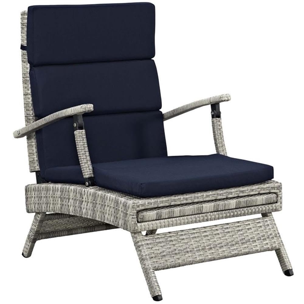 Modern Wicker Patio Lounge Chair - Navy Blue Rattan Outdoor Furniture for Poolside, Garden & Backyard Relaxation