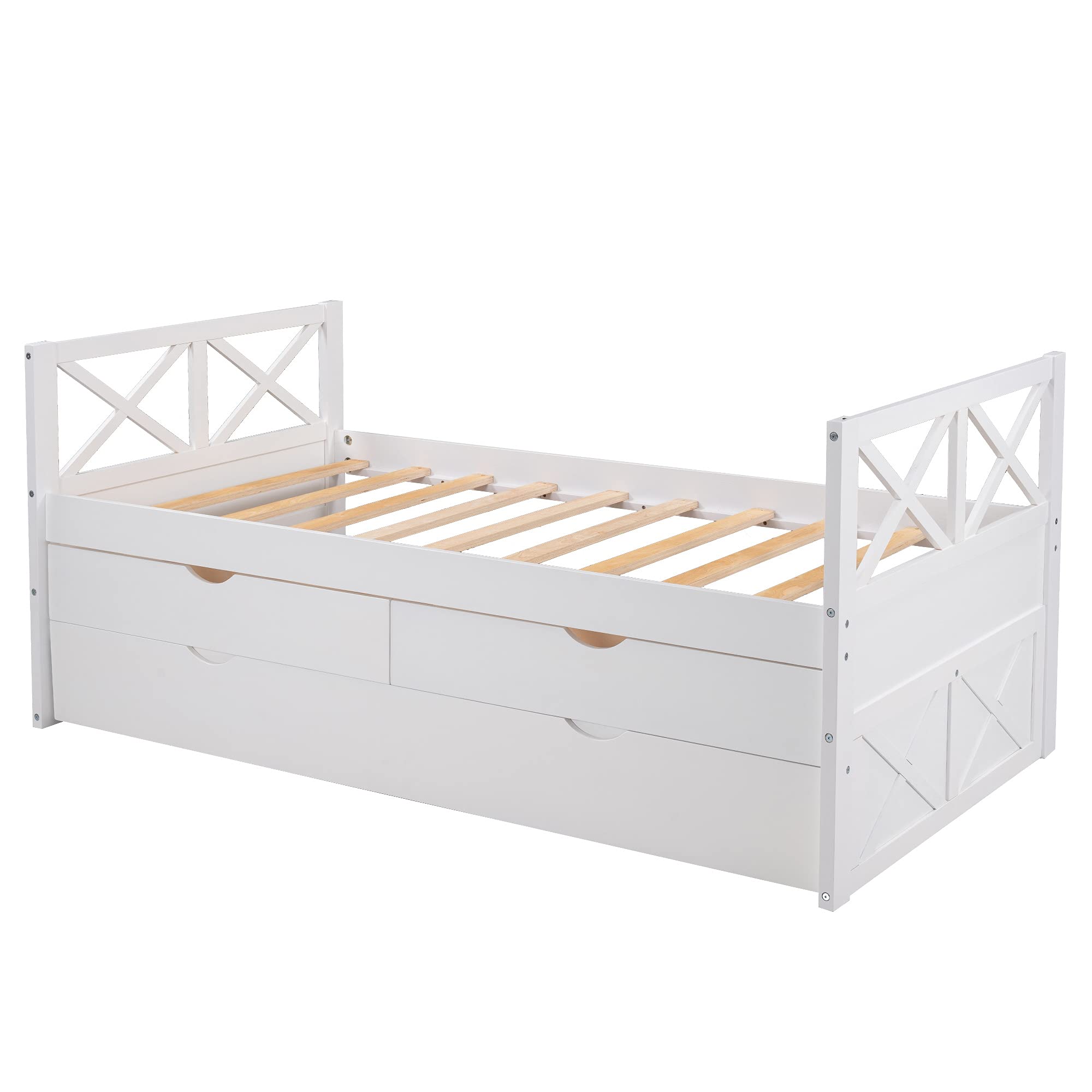 White Wood DayBed with 2 Drawers & Trundle - Solid Wood Slat Support for Kids, Boys & Girls - No Box Spring Needed - Perfect for Guest Rooms, Kids' Bedrooms & Small Spaces