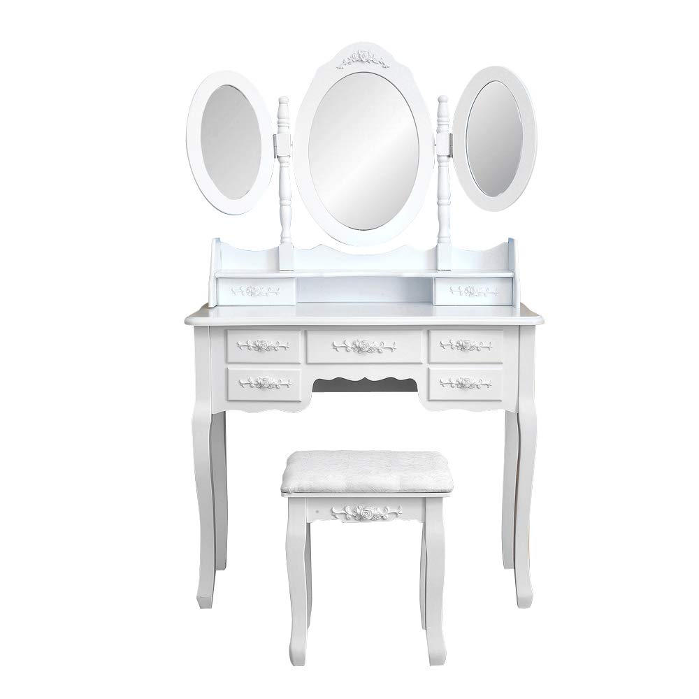 Vanity Table with Mirror & Stool - 7 Drawers, Easy Assembly for Bedroom Makeup
