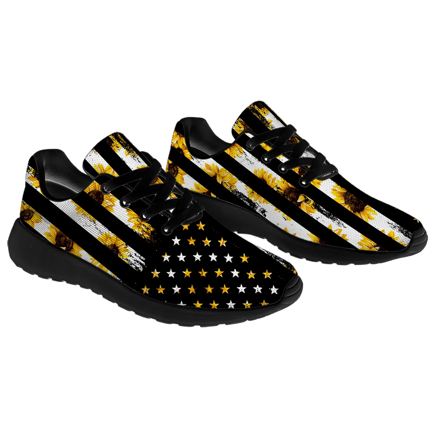 **USA Flag Sneakers for Men & Women - Patriotic Running, Walking & Tennis Shoes with Sunflower Floral Design - Unisex Black Athletic Shoes (Size 7 Men/8.5 Women) - Perfect for 4th of July, Independence Day & Outdoor Activities**