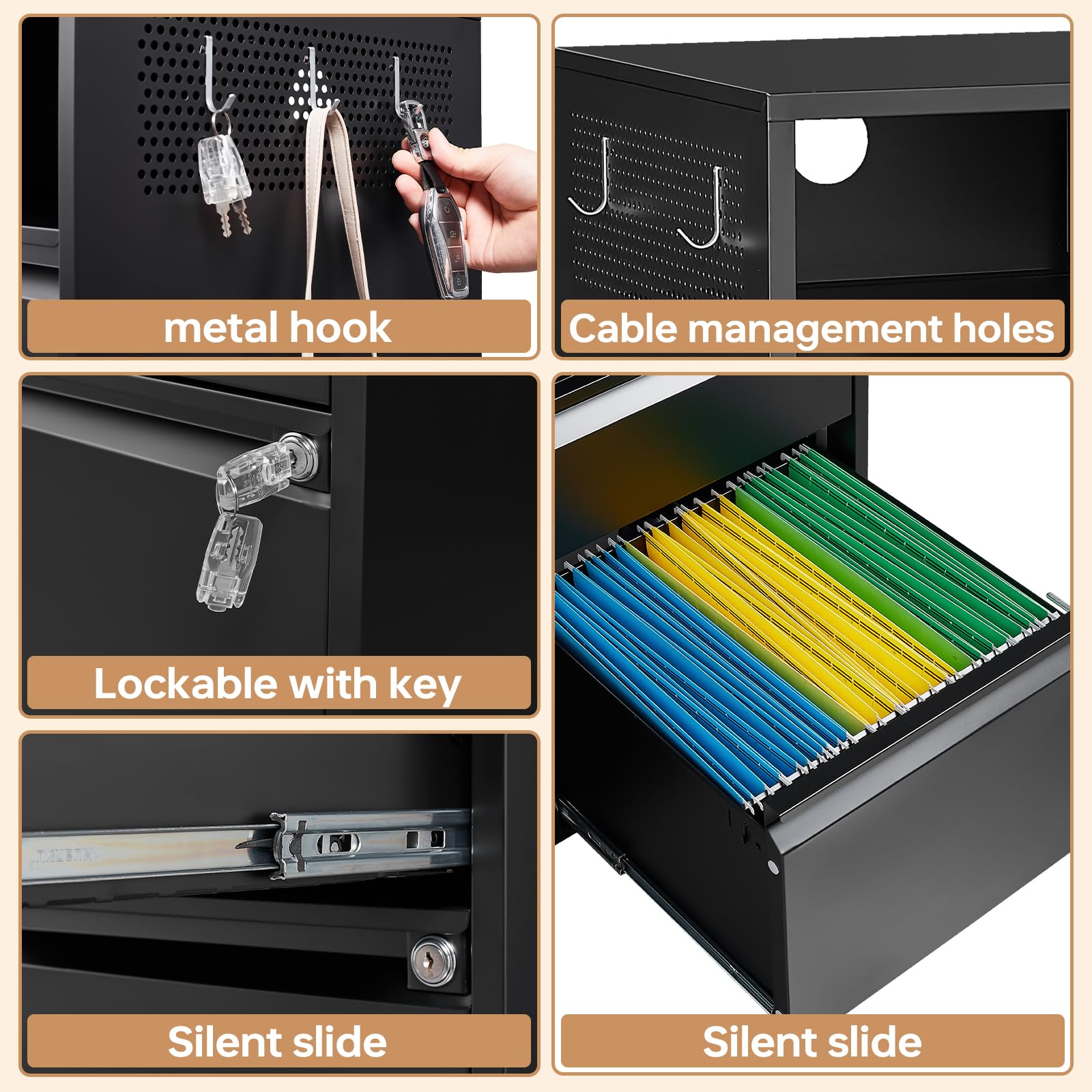 2-Drawer Mobile File Cabinet with Lock - Adjustable Shelves for Letter, A4 & Legal Size Documents - Black Lateral Filing Cabinet for Home Office Organization - Perfect for Small Spaces & Shared Workspaces