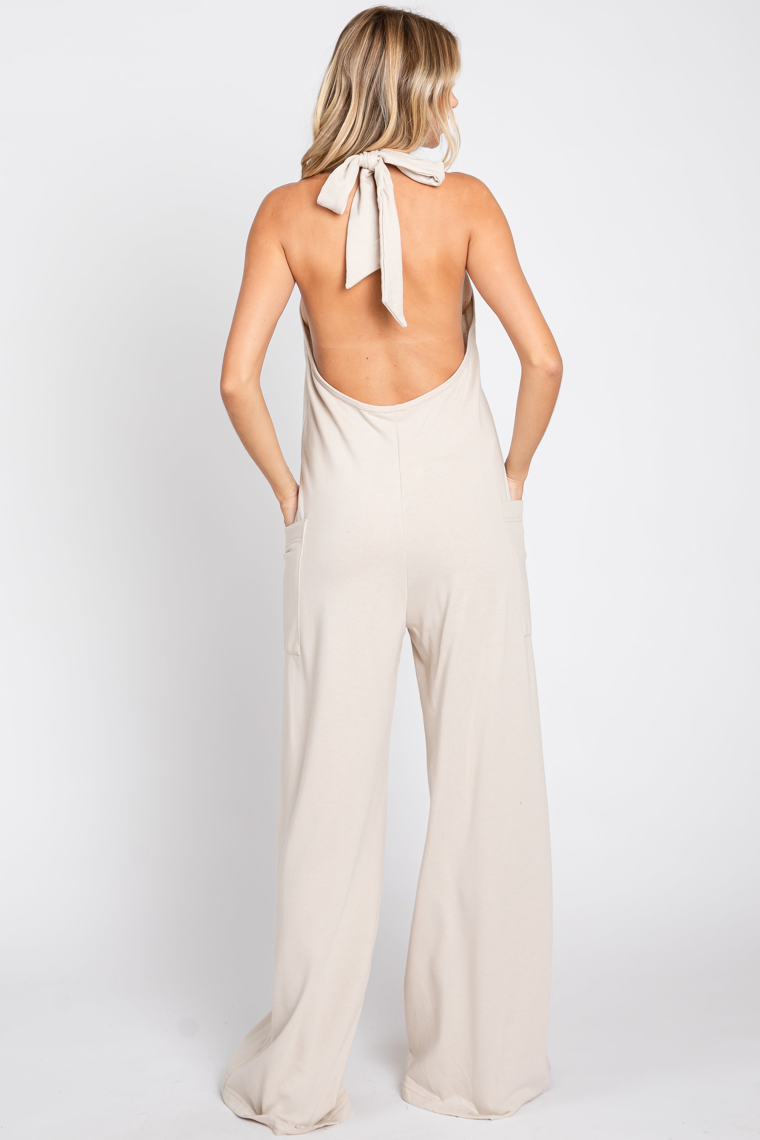 Beige Halter Front Pocket Knit Jumpsuit for Women - Casual Summer Romper with Pockets | Perfect for Beach, Vacation & Outdoor Activities