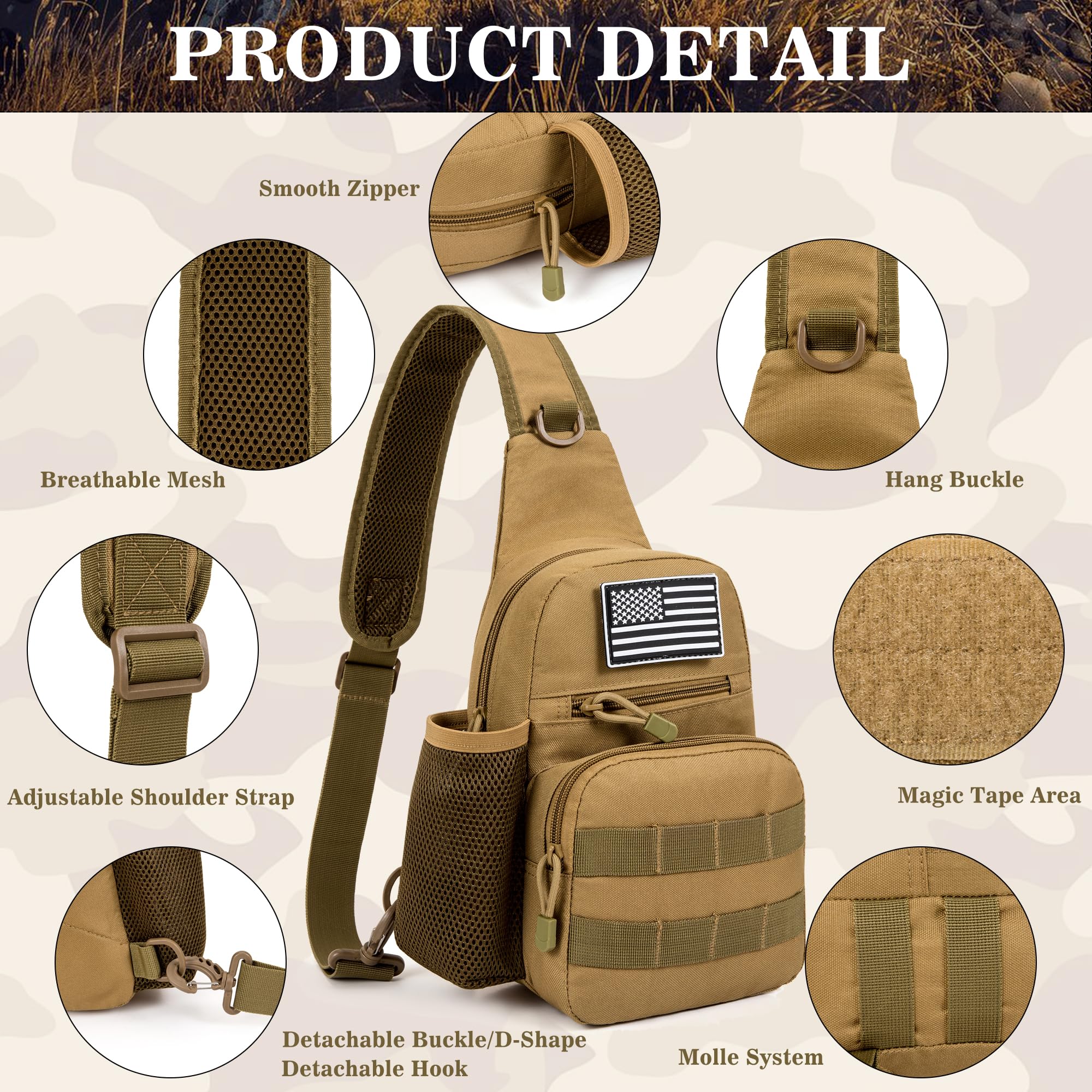 Tactical Backpack for Men - Military Molle Sling Chest Pack, Durable Outdoor Daypack for Hiking, Travel, Sports & EDC | Perfect for Range, Camping & Adventure (Khaki)