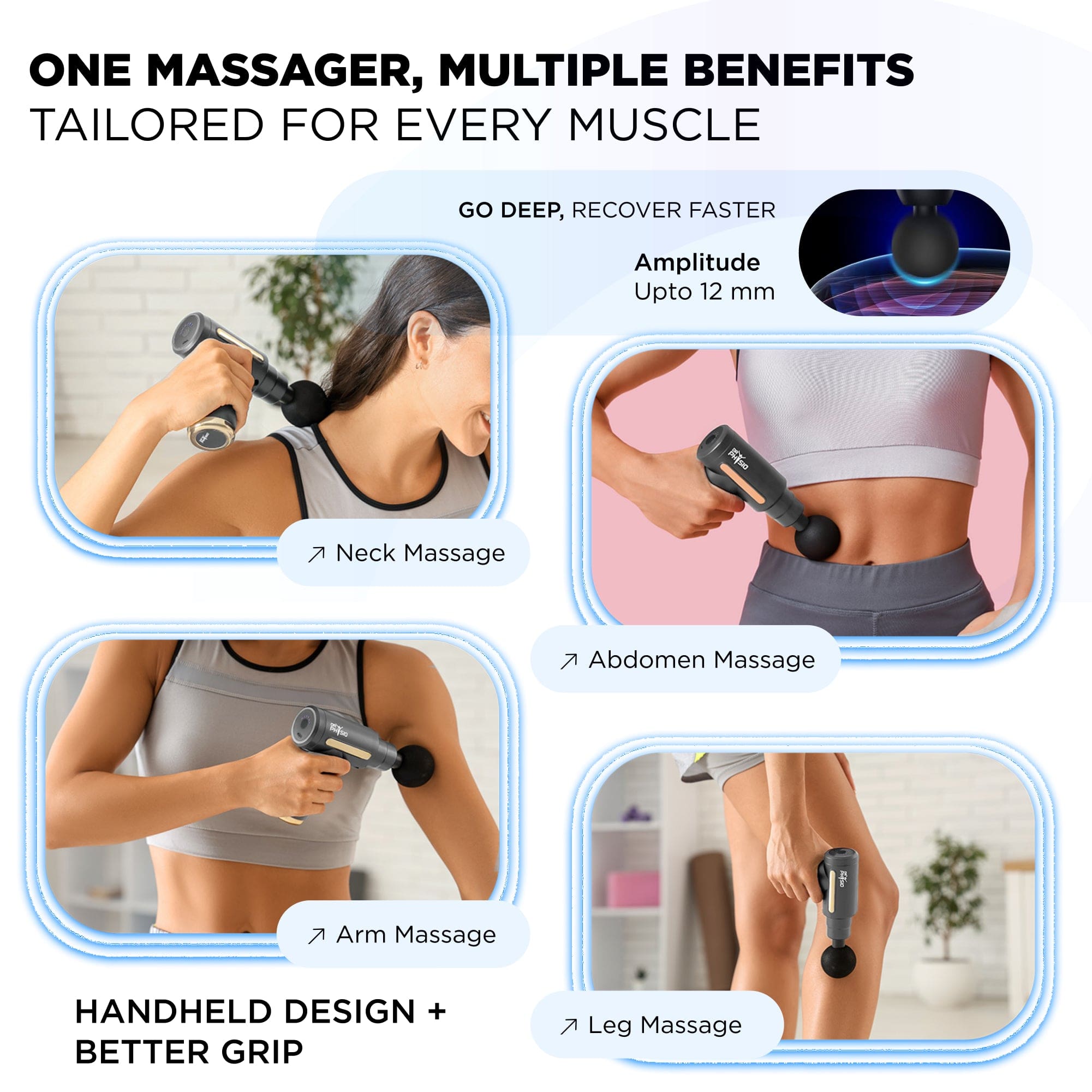 Dr Physio USA Vibe Graphite Gun Massager 1038 - Deep Tissue Percussive Massage for Muscle Pain Relief, Portable & Rechargeable with 4 Attachments & 6 Speeds - Ideal for Athletes, Gym Recovery & Home Use (Grey)