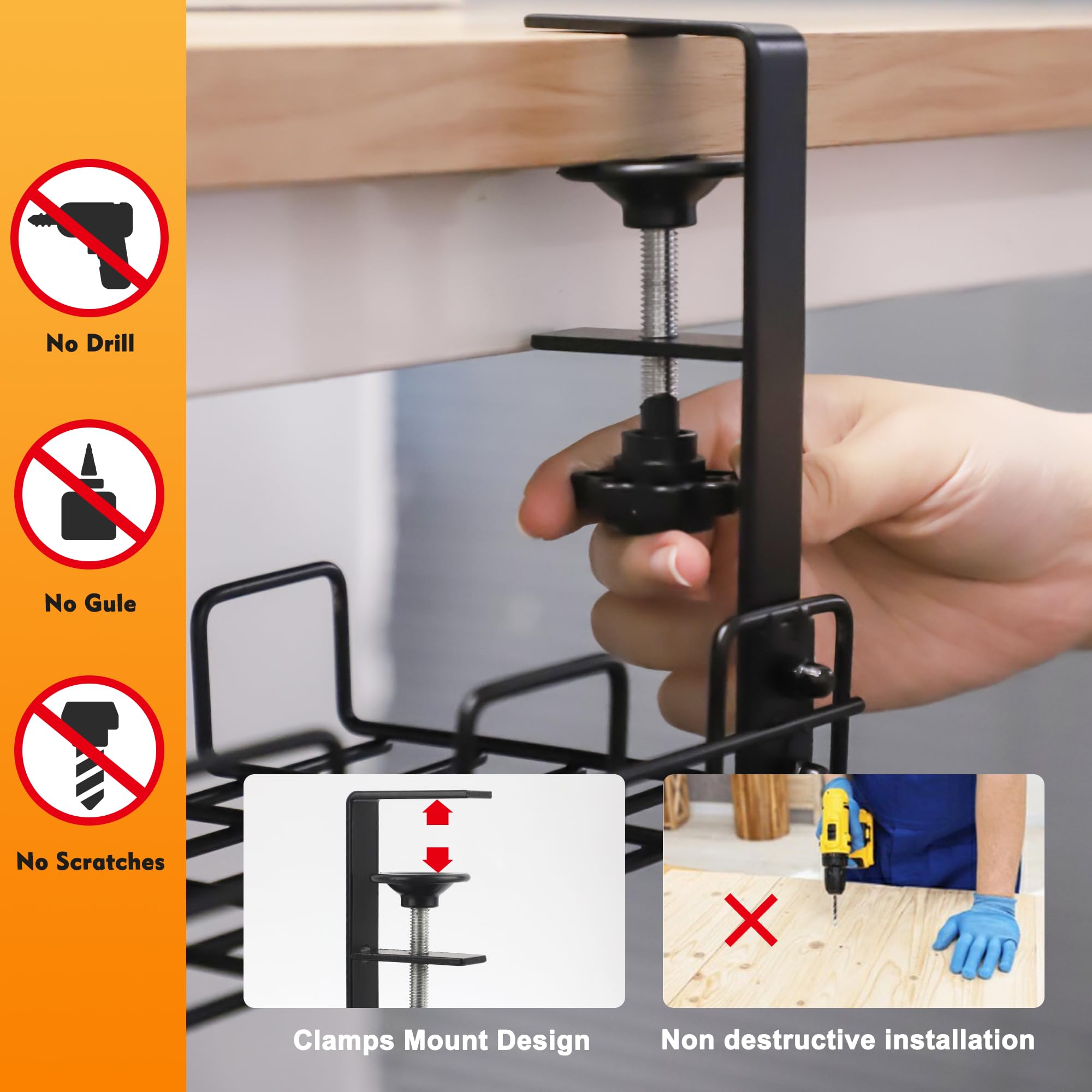 COSYAWN Under Desk Cable Management Tray - No Drill Steel Wire Organizer for Office & Home (2 Pack, Black) | Keep Cables Neat Under Computer Desk & Workstation