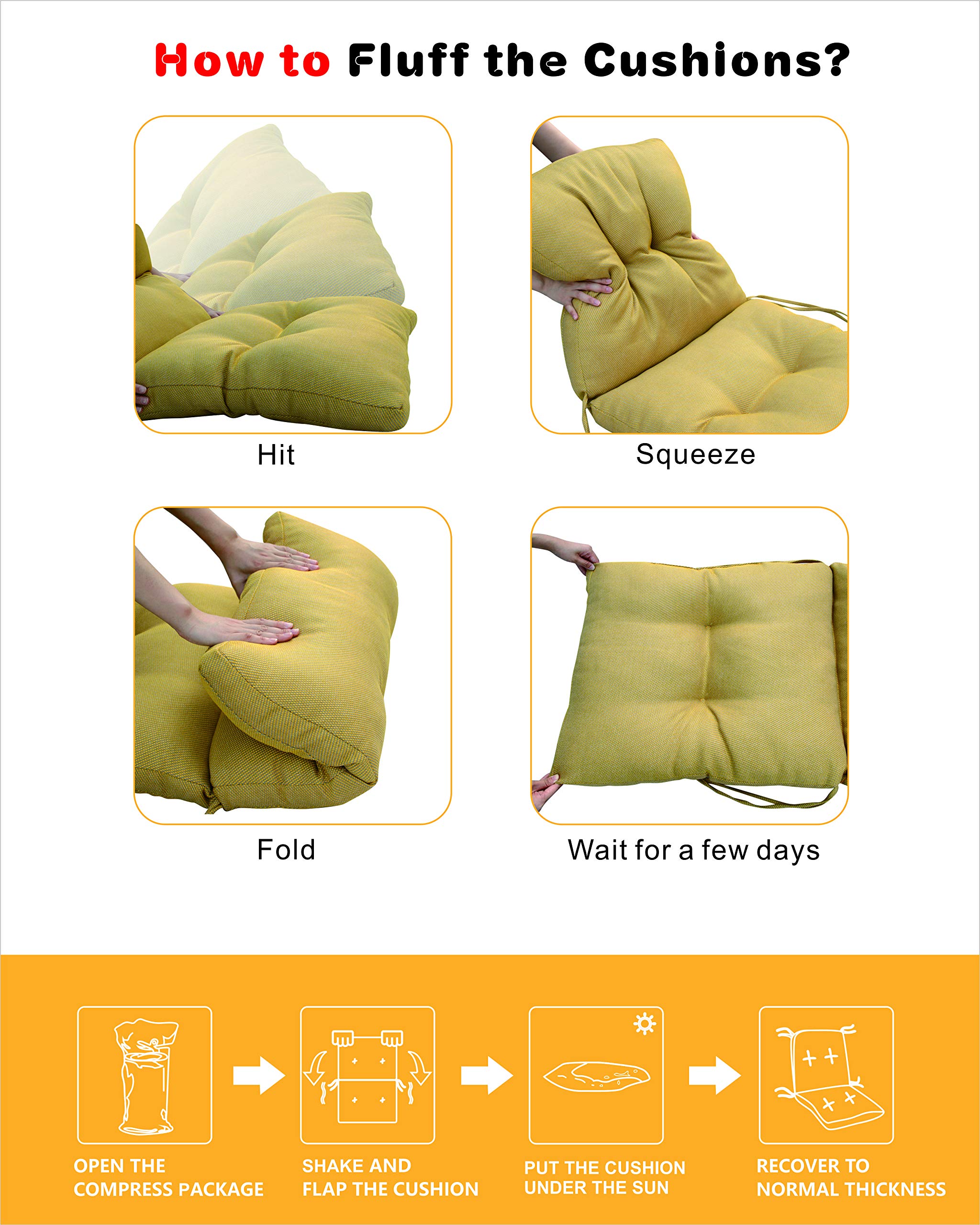 BOSSIMA Outdoor Patio High Back Lawn Chair Cushions - Tufted Square Corner Cushion Set of 2 (Yellow & Grey) - Waterproof & Comfortable for Garden, Poolside, Deck, and Backyard Relaxation