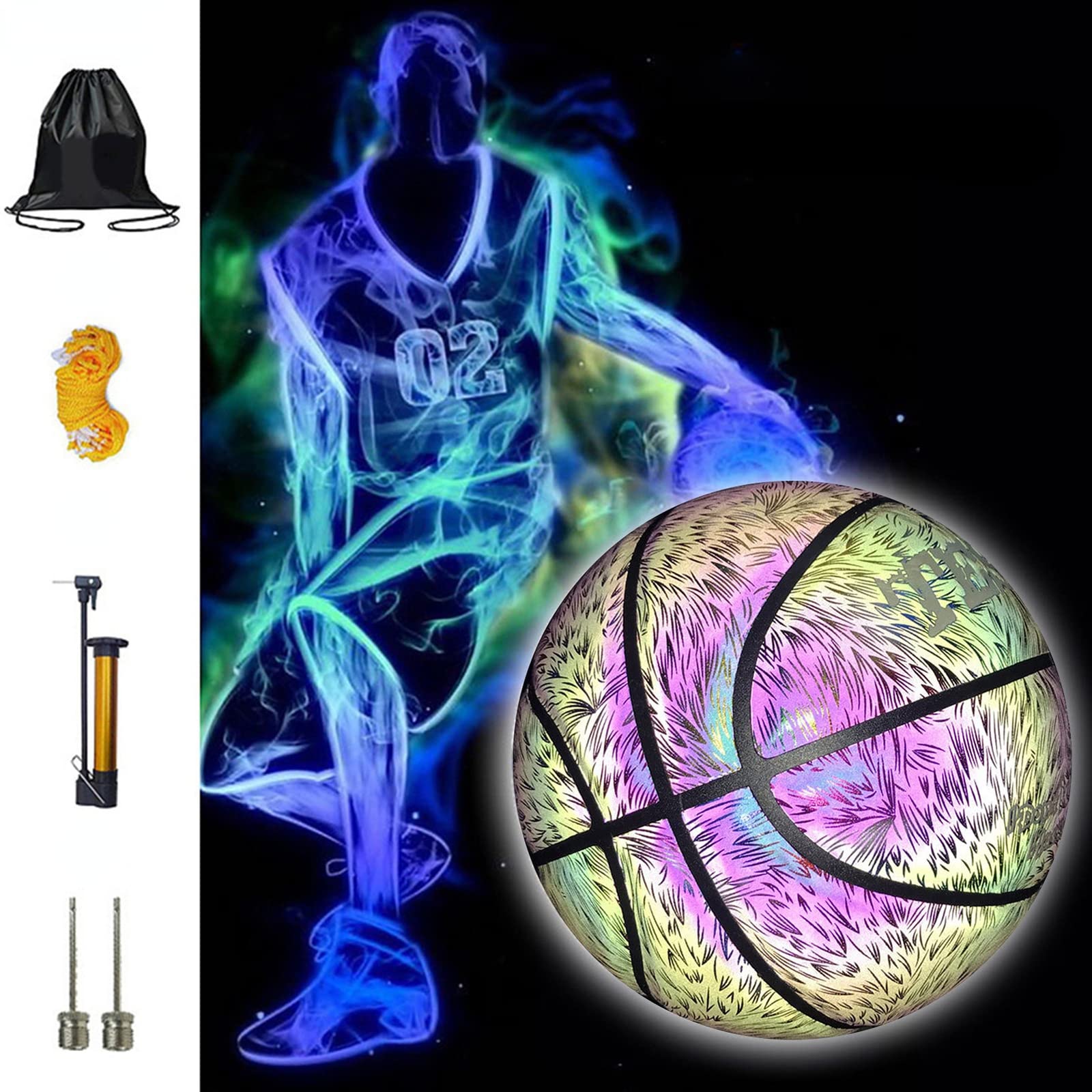 Glow in the Dark Basketball - Holographic Reflective No.7 Size Training Ball for Kids | Night Sports Equipment, Outdoor Play & Birthday Gifts for Boys and Girls