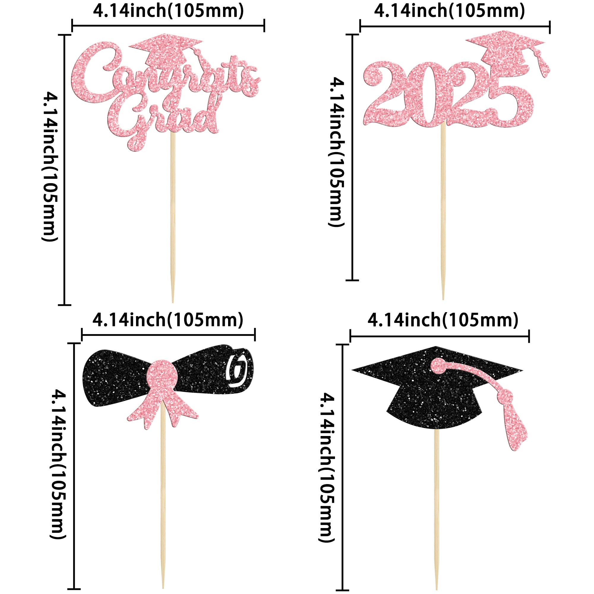 24Pcs 2025 Graduation Cupcake Toppers - Glitter Class of 2025 Diploma & Cap Cake Decorations - Pink Graduation Party Supplies for Graduation Ceremony, School Celebration & Dessert Table Decor