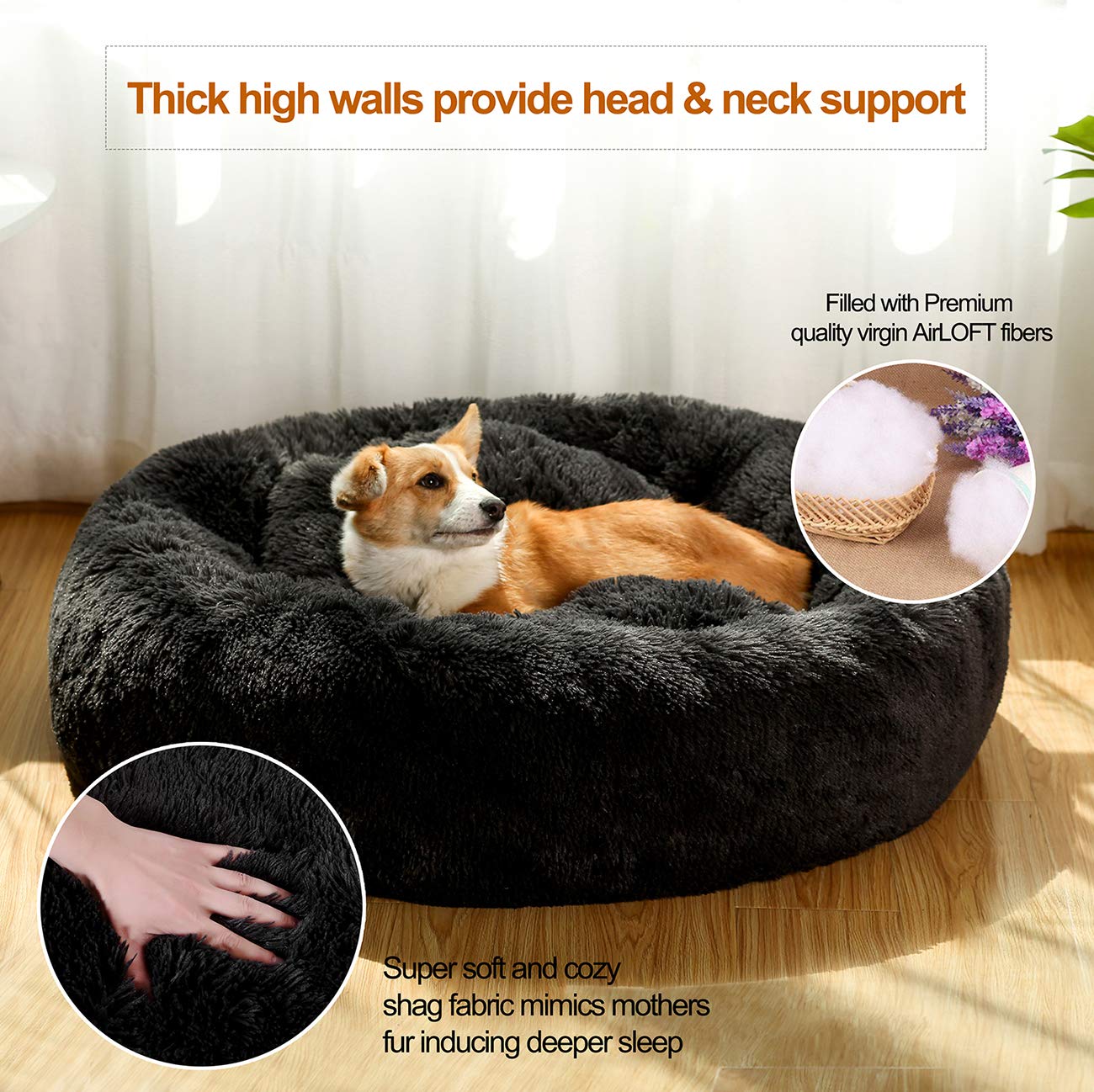 Washable Donut Dog Bed for Medium & Large Dogs - Fluffy Round Calming Cuddler Pet Bed with Faux Fur, Also Perfect for Small Cats | Cozy Sleeping Spot for Pets in Living Room or Bedroom