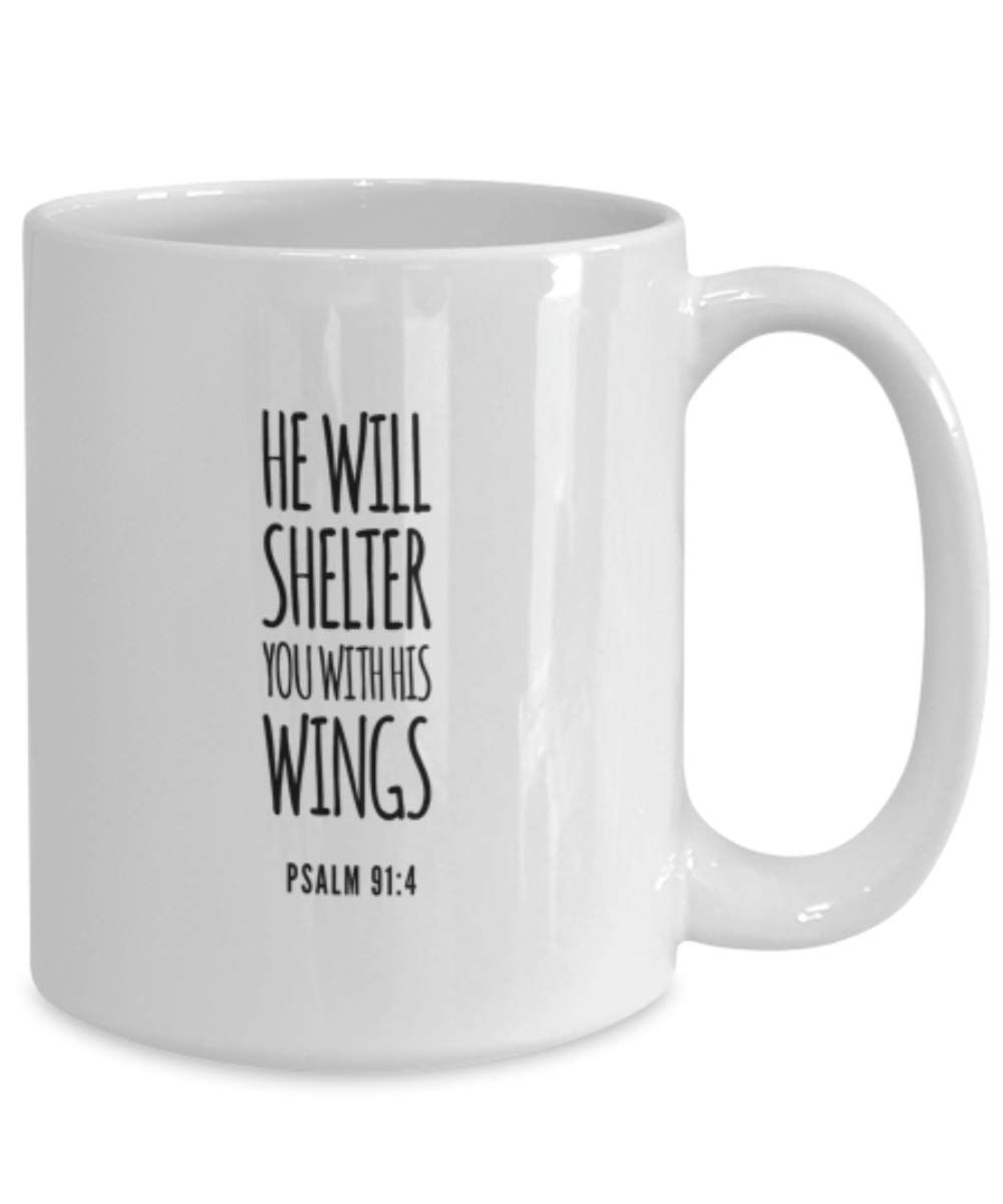 Religious Coffee Mugs for Women - 'He Will Shelter You With His Wings' Inspirational Bible Verse Ceramic Cup - Funny Christian Gift Idea for Mom, Wife, Sister - Perfect for Morning Coffee, Bible Study & Church Gatherings