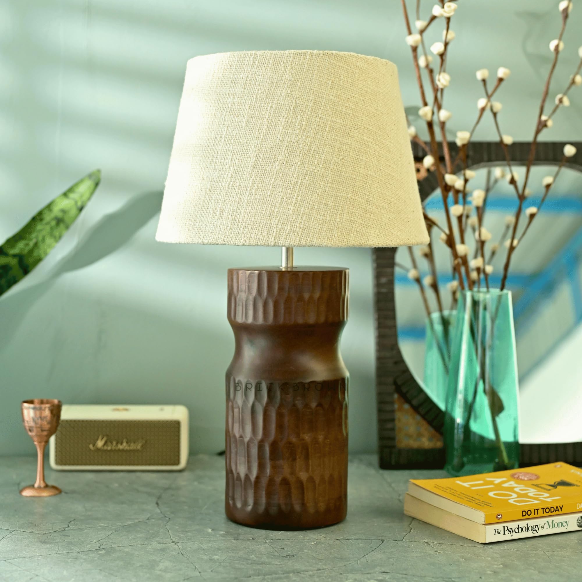 Premium Brick Brown Wooden Carved Crust Lamp with Shade & Bulb - Handcrafted Home Decor Bedside Night Light for Living Room, Study Room & Bedroom Side Table | Cozy Reading & Relaxing Ambience
