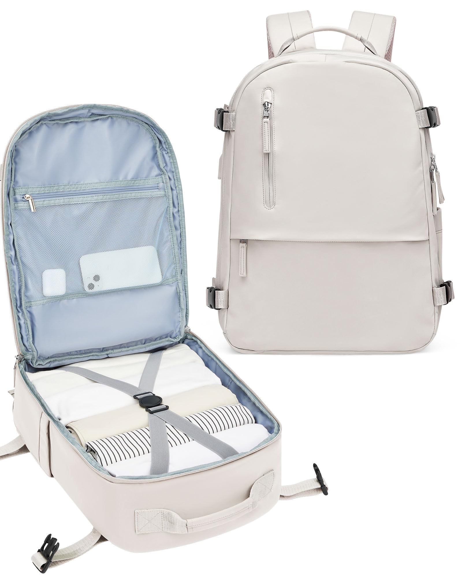 Waterproof Travel Backpack for Women & Men - Airplane Approved Carry On Personal Item Bag with USB Charging Port | Business Laptop Backpack for Work, Hiking, Gym & Casual Use | Includes Shoe Compartment & Fits Under Airplane Seat (White)