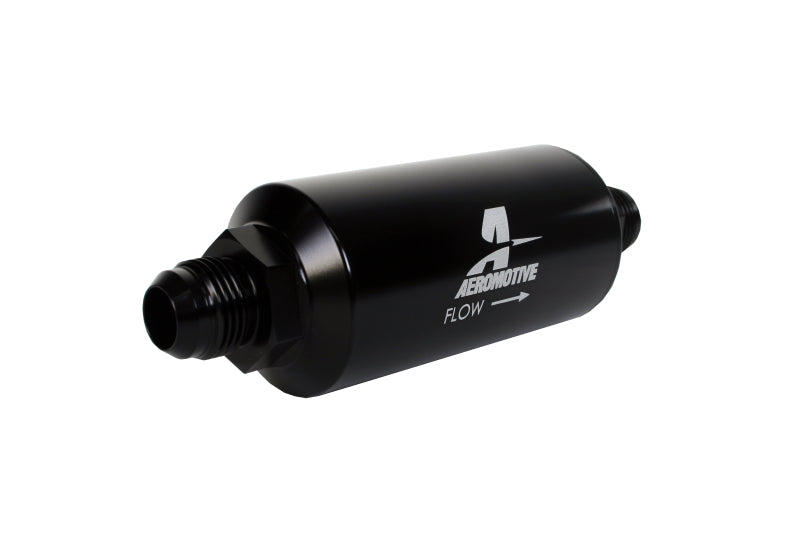 Aeromotive AN-10 Male Inline Fuel Filter - 40 Micron Stainless Steel Mesh Element with Bright Dip Black Finish for High Performance Racing & Automotive Fuel Systems