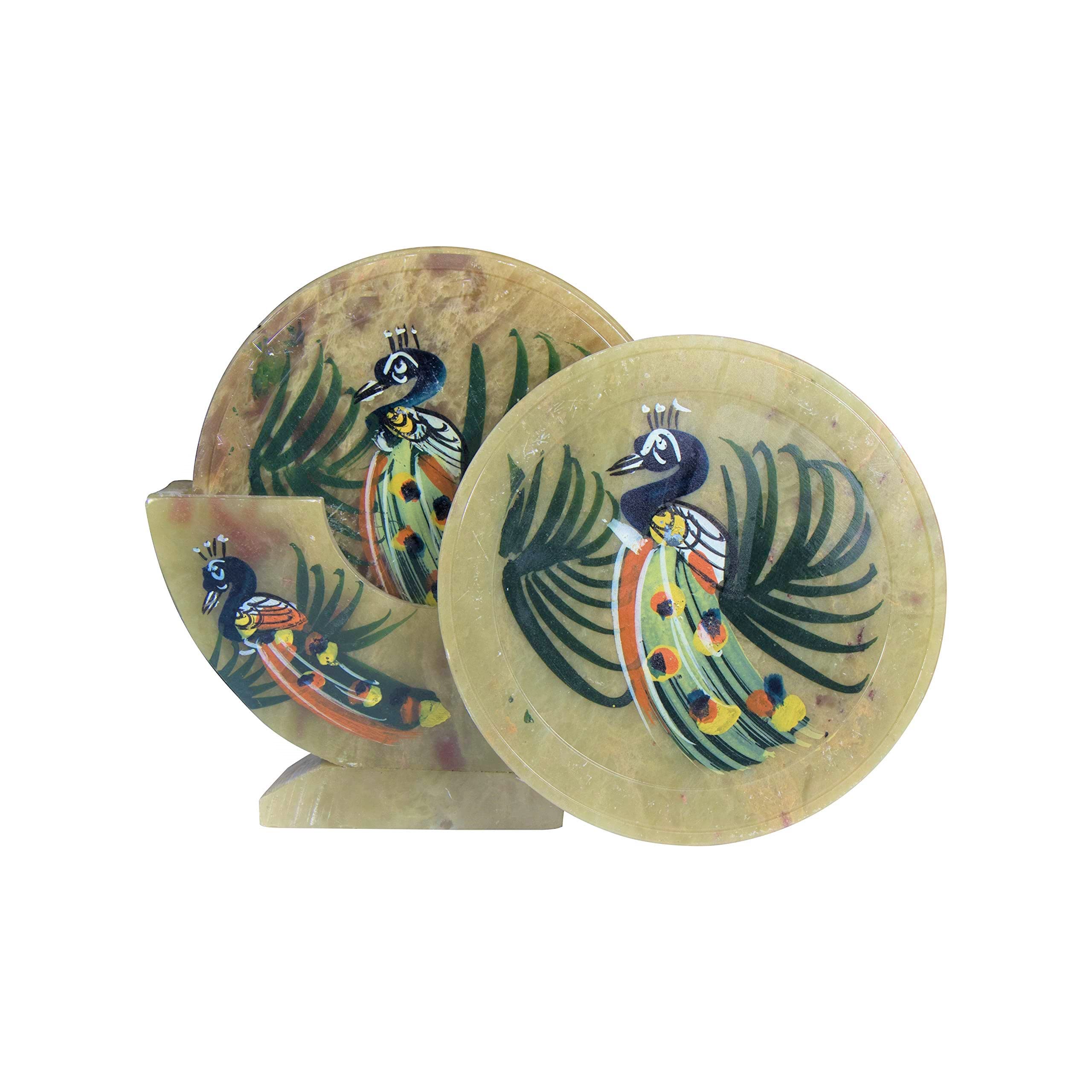 Crocon Soapstone Coaster Set of 6 with Stand - Hand-Painted Peacock Design Round Drink Coasters for Glasses & Cups - Elegant Table Protector for Home & Kitchen Decor - Perfect Housewarming Gift for Coffee & Tea Lovers