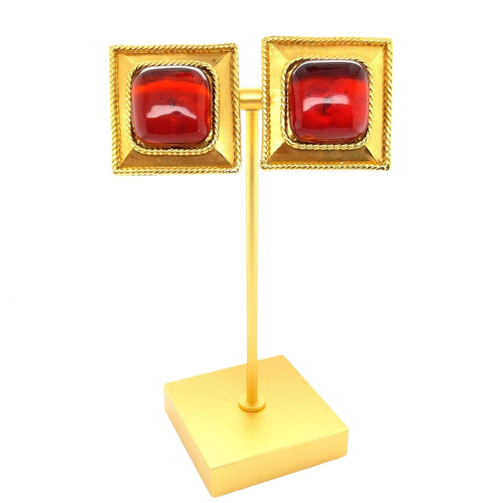 Vintage CHANEL Gripoix Square Clip-On Earrings in Orange, Red & Gold - Elegant 25 Stamped Statement Jewelry for Women, Perfect for Parties, Weddings & Special Occasions