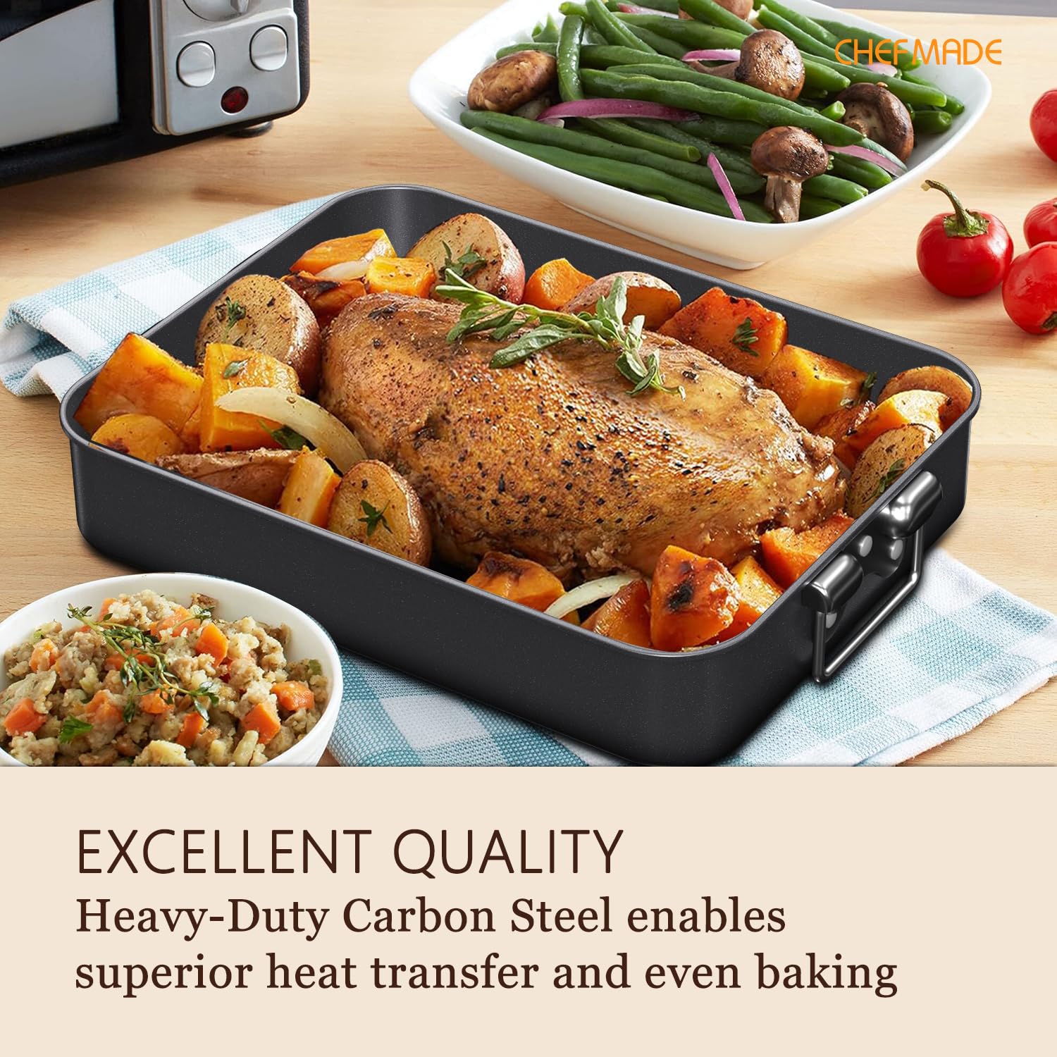CHEFMADE 16 Inch Turkey Roasting Pan with V Rack - Heavy Duty Deep Lasagna Pan for Oven, BBQ, Meat & Vegetables - 16