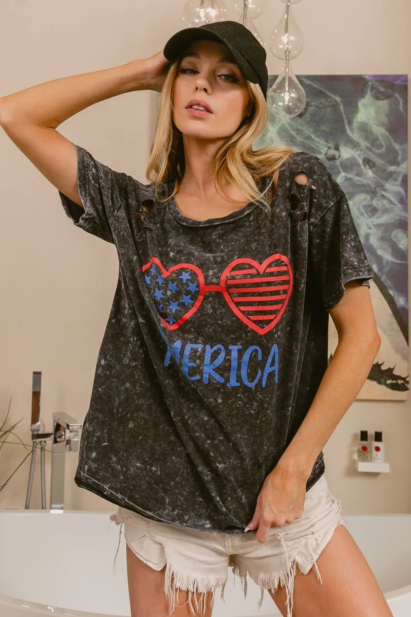 BiBi 4th of July Patriotic Women's Distressed Laser Cut Top - Perfect for Independence Day Parties, BBQ Gatherings & Summer Festivals