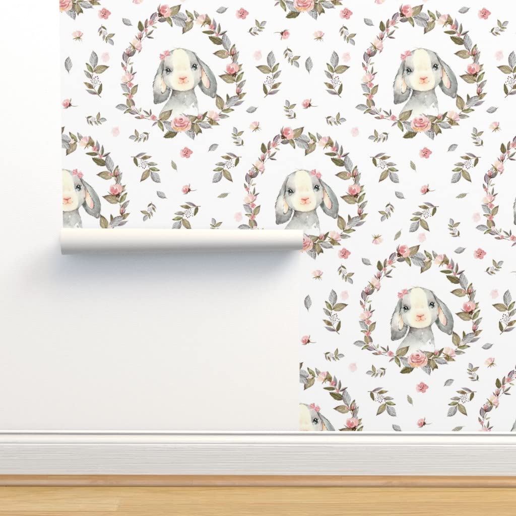 Peel & Stick Wallpaper 12ft x 2ft - Pink Bunny Bow Floral Easter Rabbit Boho Decor | Removable Self-Adhesive Wallpaper for Nursery, Kids Room & Easter Party Decoration | Spoonflower Custom Wallpaper
