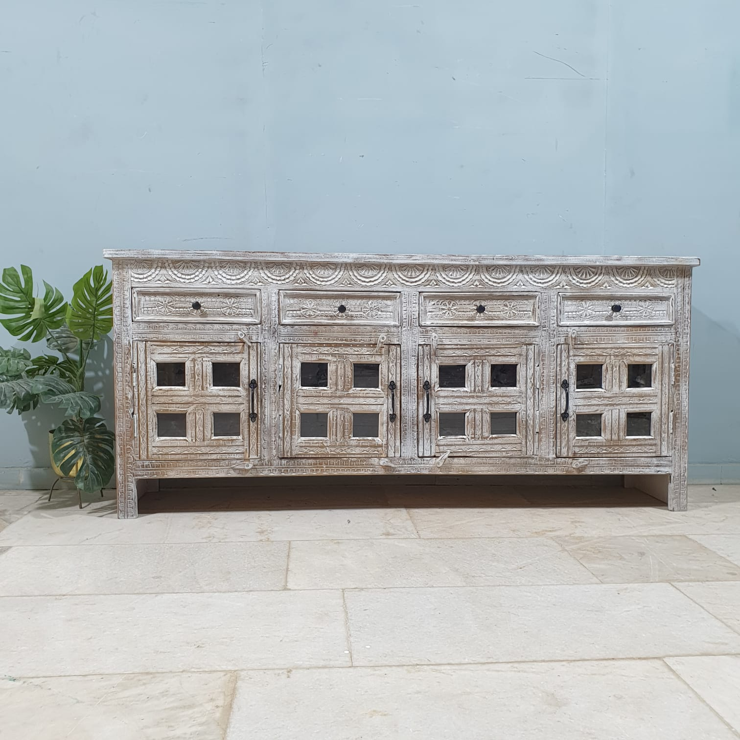 Handmade Carved Indian Mango Wood Sideboard with 4 Drawers & 4 Doors - Whitewashed Finish | Perfect for Dining Room Storage & Farmhouse Decor