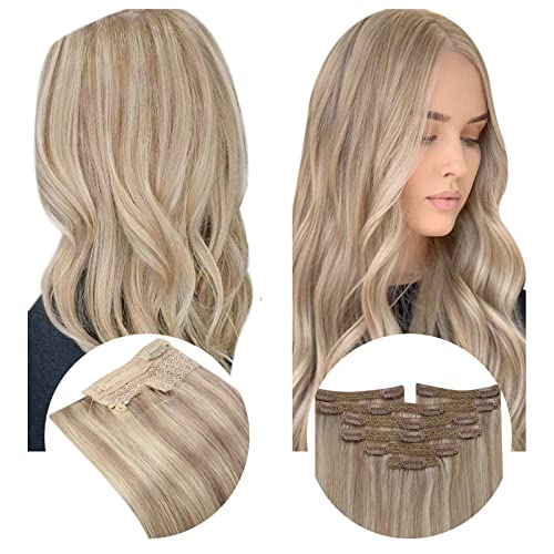 Ash Blonde Clip-In Human Hair Extensions 80g+70g with Invisible Wire - Real Bleach Blonde Highlights for Natural Look | Perfect for Parties, Weddings & Daily Styling