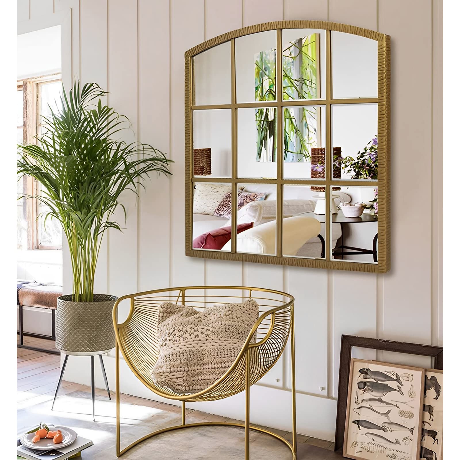 36 Inch Arched Window Mirror - Vintage Gold Beveled Metal Grid Wall Mirror for Living Room, Entryway, Bedroom Decor | Large Decorative Accent Mirror for Home & Office