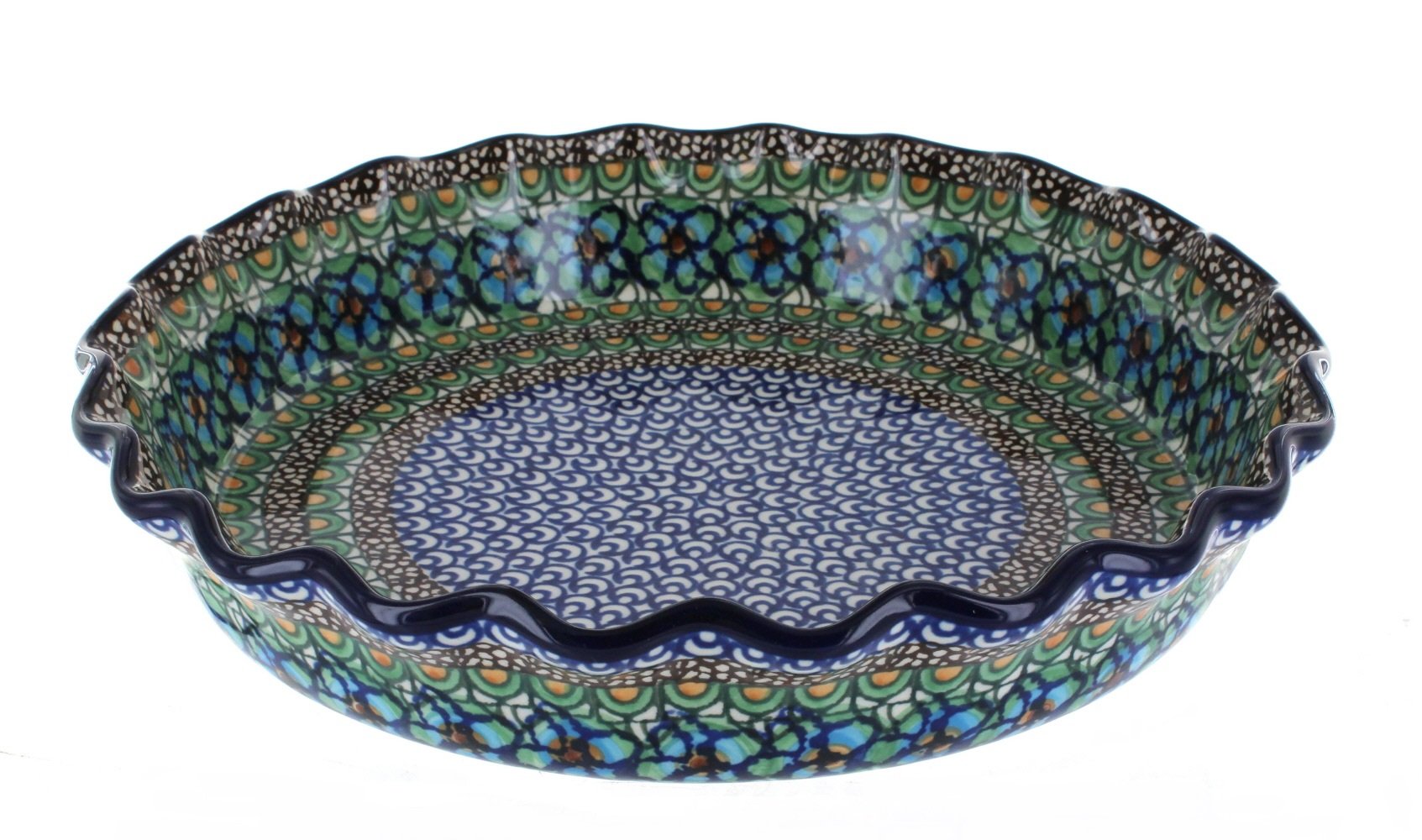 Authentic Polish Pottery 10-inch Fluted Pie Dish - Handcrafted Ceramika Artystyczna UNIKAT with Certificate (Mardi Gras Theme) - Perfect for Baking, Serving & Holiday Gifts