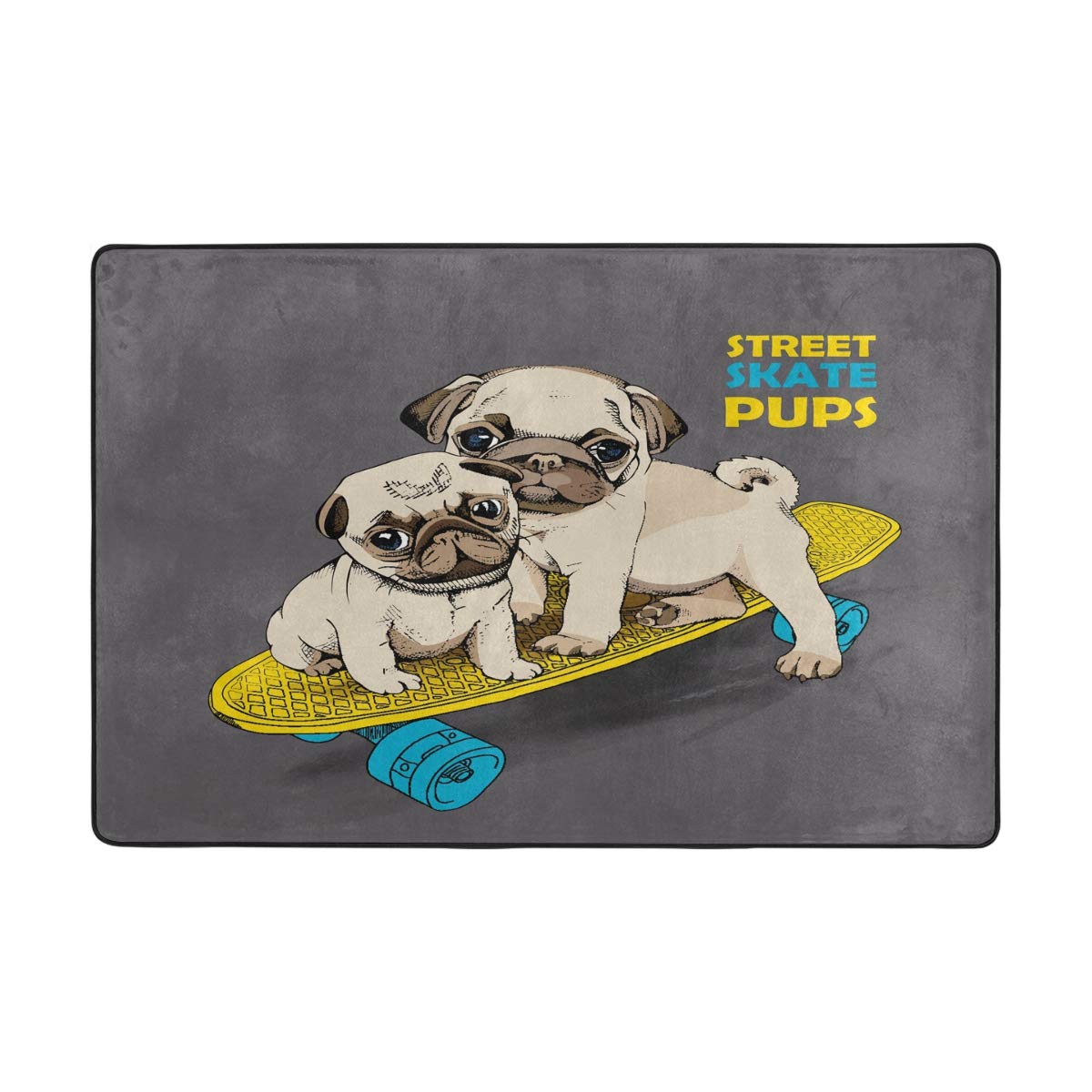 ALAZA Cartoon Pug Puppy Skateboard Non-Slip Area Rug 6'x4' - Soft Living Room Rug, Bedroom Carpet for Kids Playroom & Dorm Decor
