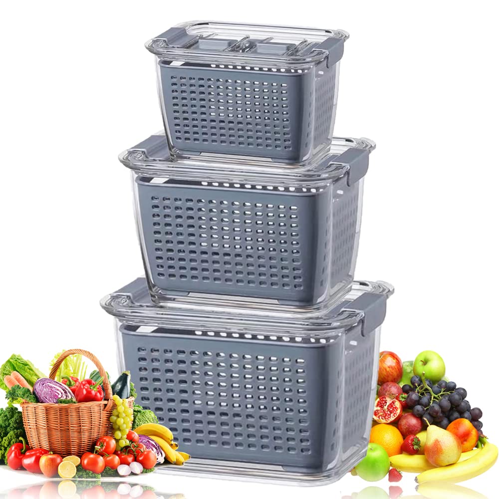 FERRAL & CO 3-Pack Plastic Fruit and Vegetable Storage Containers for Refrigerator with Drain Baskets | Fresh Produce Organizer | Perfect for Berries, Grapes, Lettuce & Meal Prep