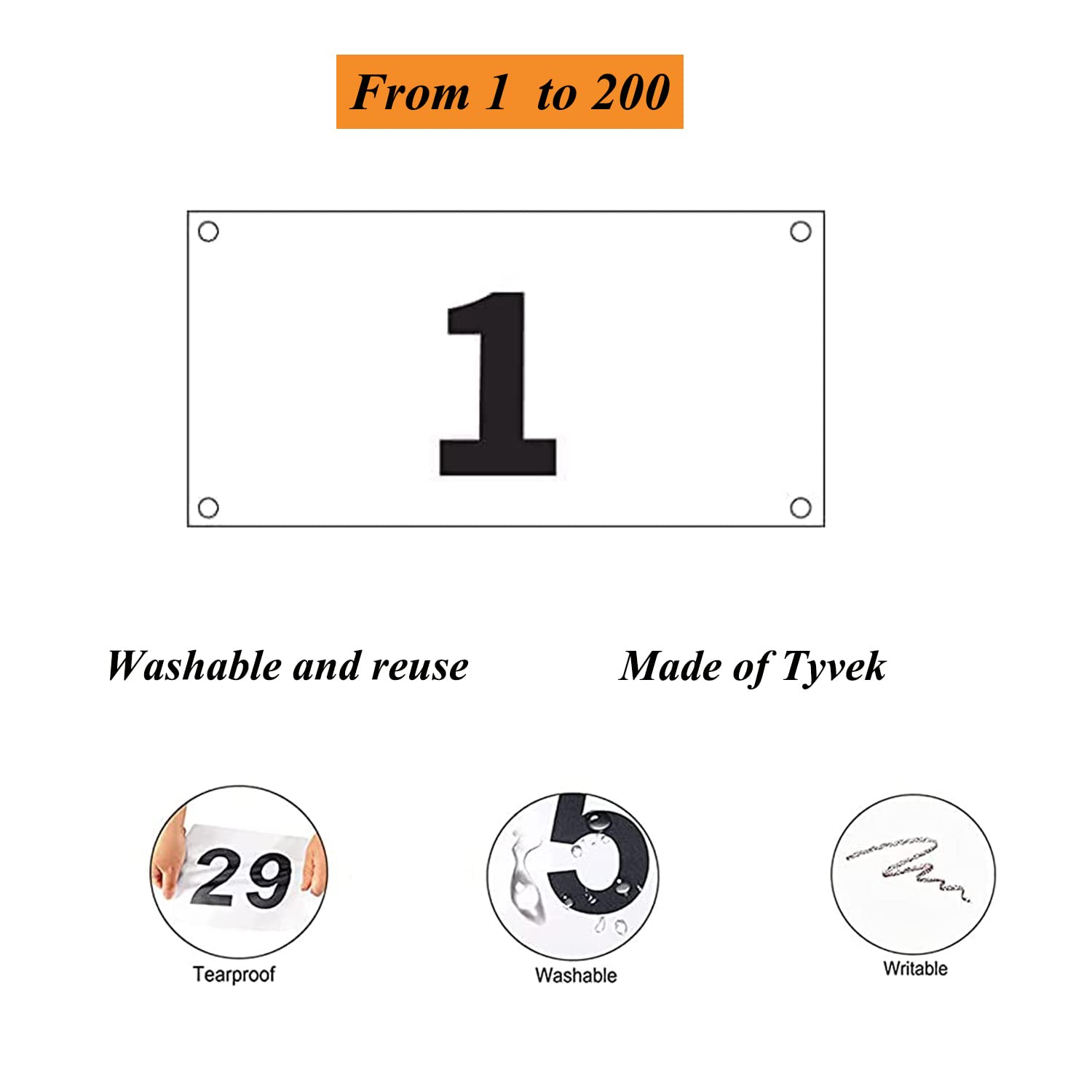 Tearproof Waterproof Tyvek Running Race Bibs with Large Numbers & Safety Pins - Marathon, 5K, 10K Events - Perfect for Runners & Race Organizers
