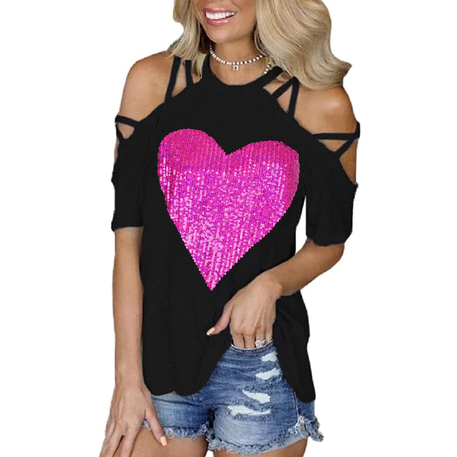 PESION Women's Off The Shoulder Tops - Sexy Shiny Blouses with Long & Short Sleeves - Fashion Graphic T-Shirts for Casual Wear, Date Night & Party Outfits