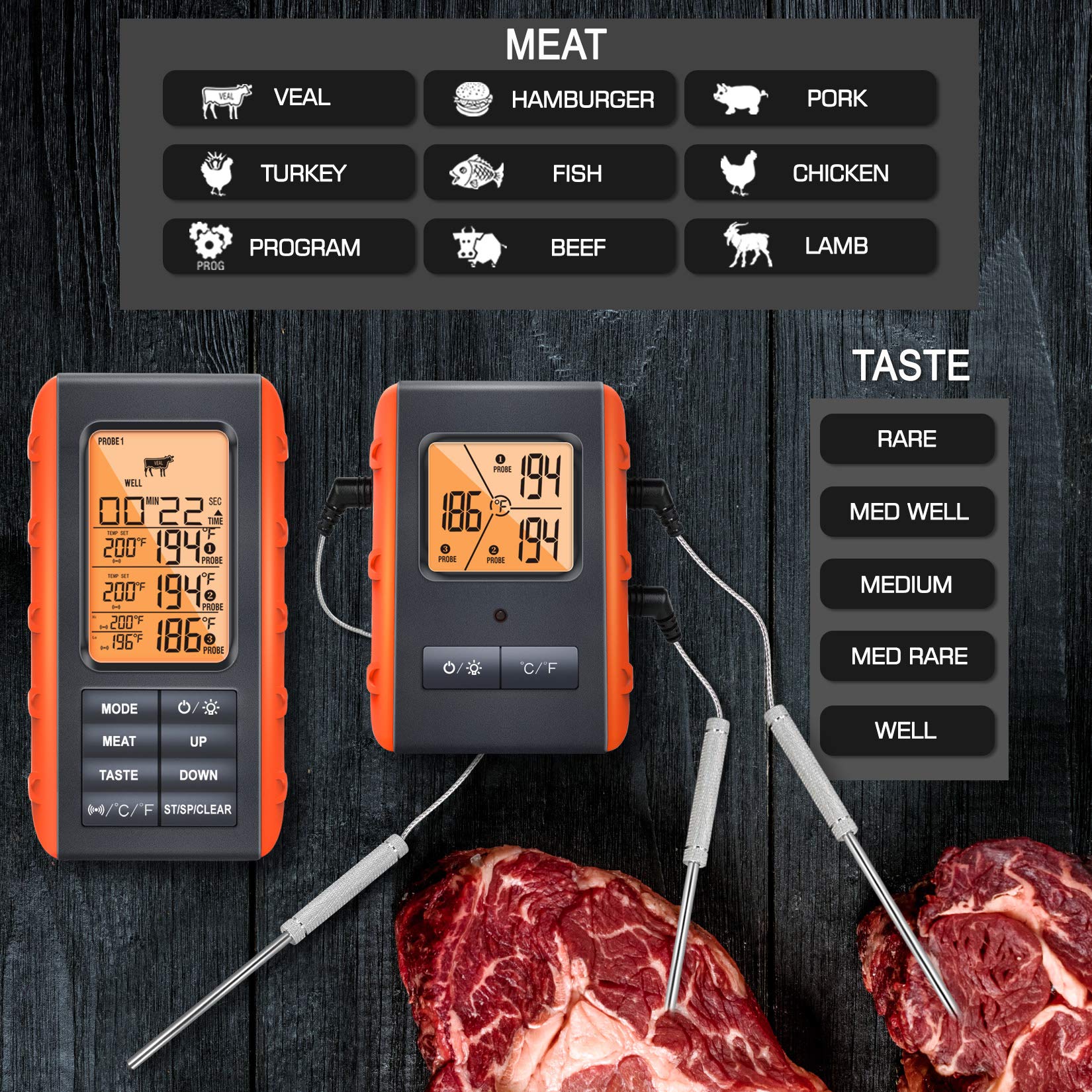 Wireless Digital Meat Thermometer for Grilling, Smoking & BBQ - 3 Probes with 490ft Range - Monitor Food & Ambient Temperature for Kitchen, Oven & Outdoor Cooking - Perfect for Steak, Turkey, Candy Making & More