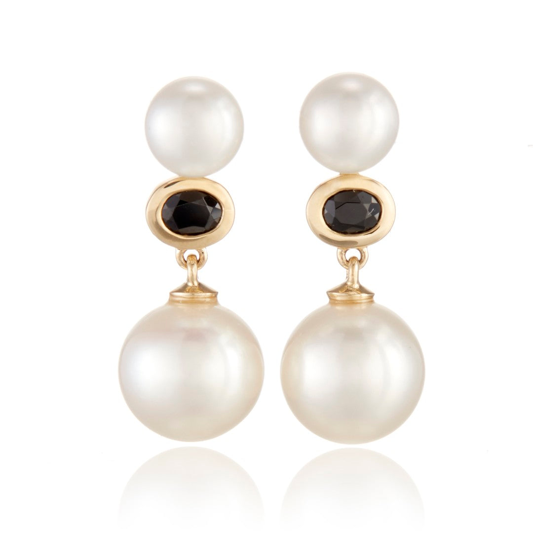 Odéon Pearl and Black Spinel Drop Earrings – Elegant Dangle Earrings for Women, Perfect for Weddings, Parties & Evening Events