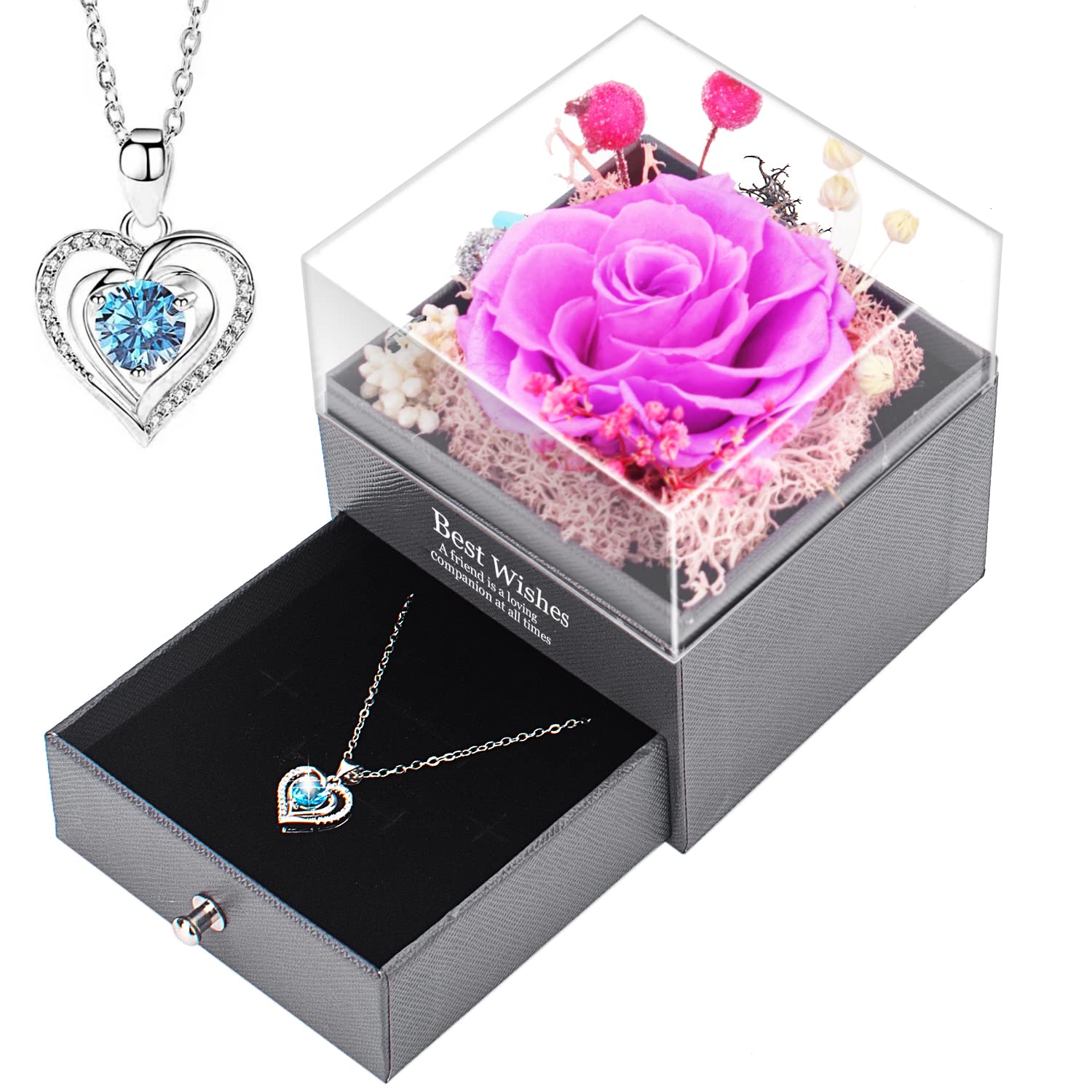 Eternal Handmade Rose Necklace Gift Set - Preserved Real Rose in Elegant Jewelry Box, Perfect Romantic Gift for Women on Birthday, Anniversary, Mother's Day & Valentine's Day (Purple) | Jewelry Gift for Girlfriend, Wife, Mom & Special Occasions
