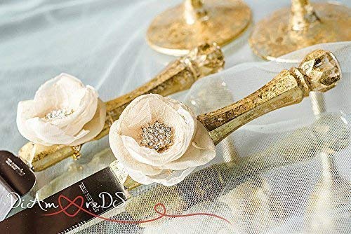 Personalized Ivory & Gold Wedding Cake Server and Knife Set - Engraved Flower Design Cake Cutting Gift for Bridal Showers, Anniversaries & Special Occasions