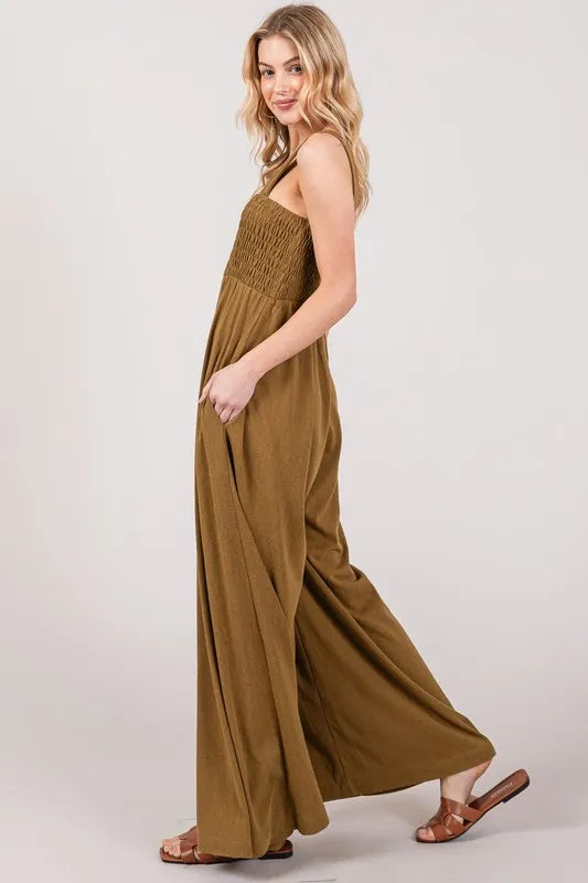 Olive Green Flowy Wide Leg Jumpsuit for Women - Boho Chic Romper with Pockets | Perfect for Summer Outfits, Beach Vacations & Casual Wear
