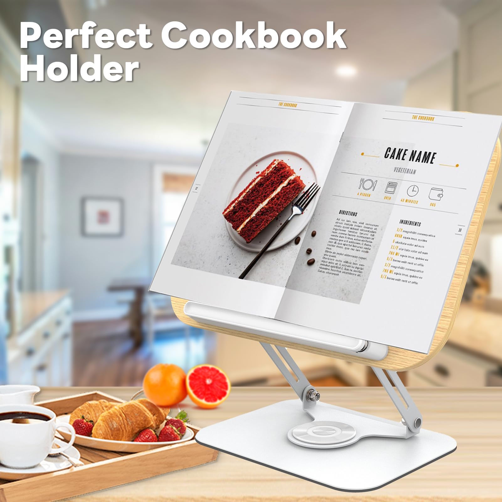 Adjustable Wooden Book Stand for Hands-Free Reading - 360° Swivel Base Desktop Book Holder for Cookbooks, Textbooks, Tablets & Laptops - Perfect for Kitchen, Office, Study & Art Studio Use