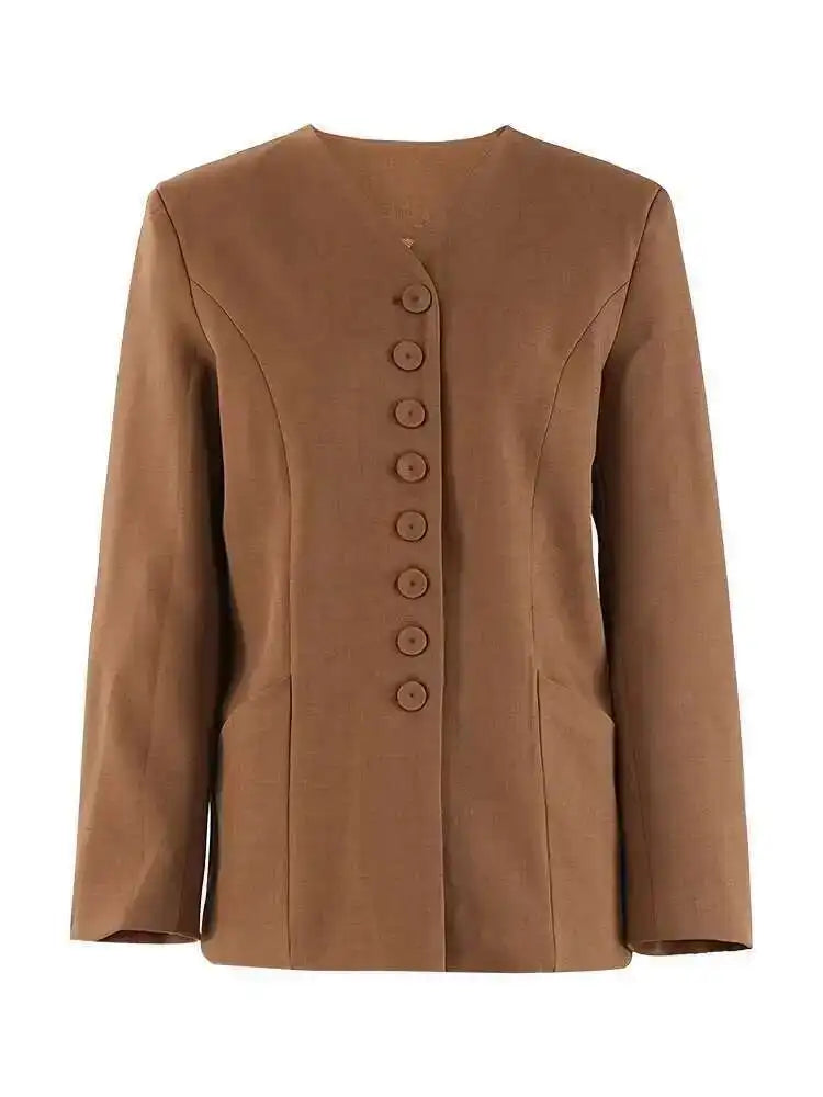 Women's Big Size Blazer & Pleated Wide Leg Pants Two-Piece Suit - V-Neck Long Sleeve Business Casual Outfit for Work, Office & Spring/Autumn 2025 Fashion | CPDB248
