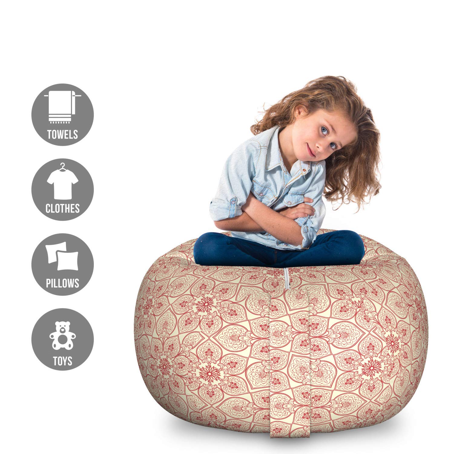 Ambesonne Large Toy Storage Bag Chair - Bohemian Floral Design Stuffed Animal Organizer, Washable Red & Cream Fabric - Perfect for Kids' Room, Playroom & Nursery Organization