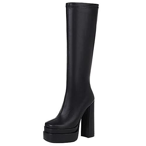 AMINUGAL Women's Chunky Platform Knee High Boots - Block Heel Round Toe Zipper Motorcycle Thigh High Boots for Work & Combat | Stylish Winter Fashion, Office Wear & Night Out Outfits