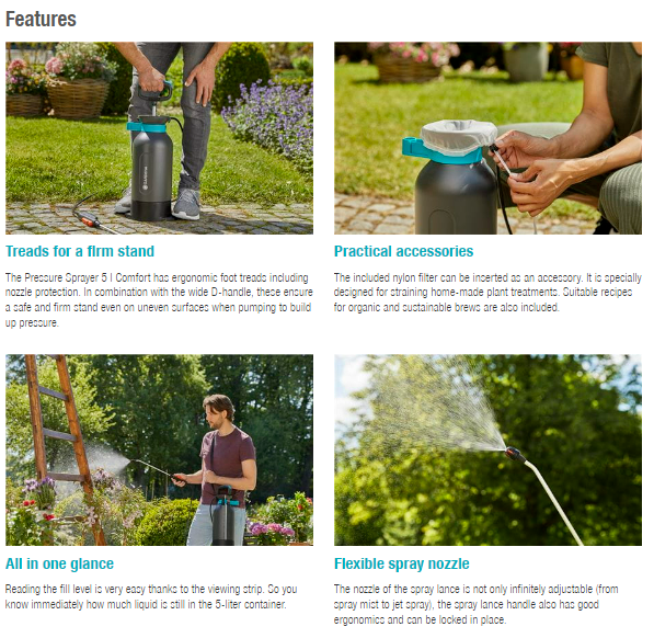 Gardena 5L Pressure Sprayer Comfort - High Capacity Garden Sprayer for Plants, Lawn & Outdoor Cleaning | Perfect for Gardening, Pest Control & Watering
