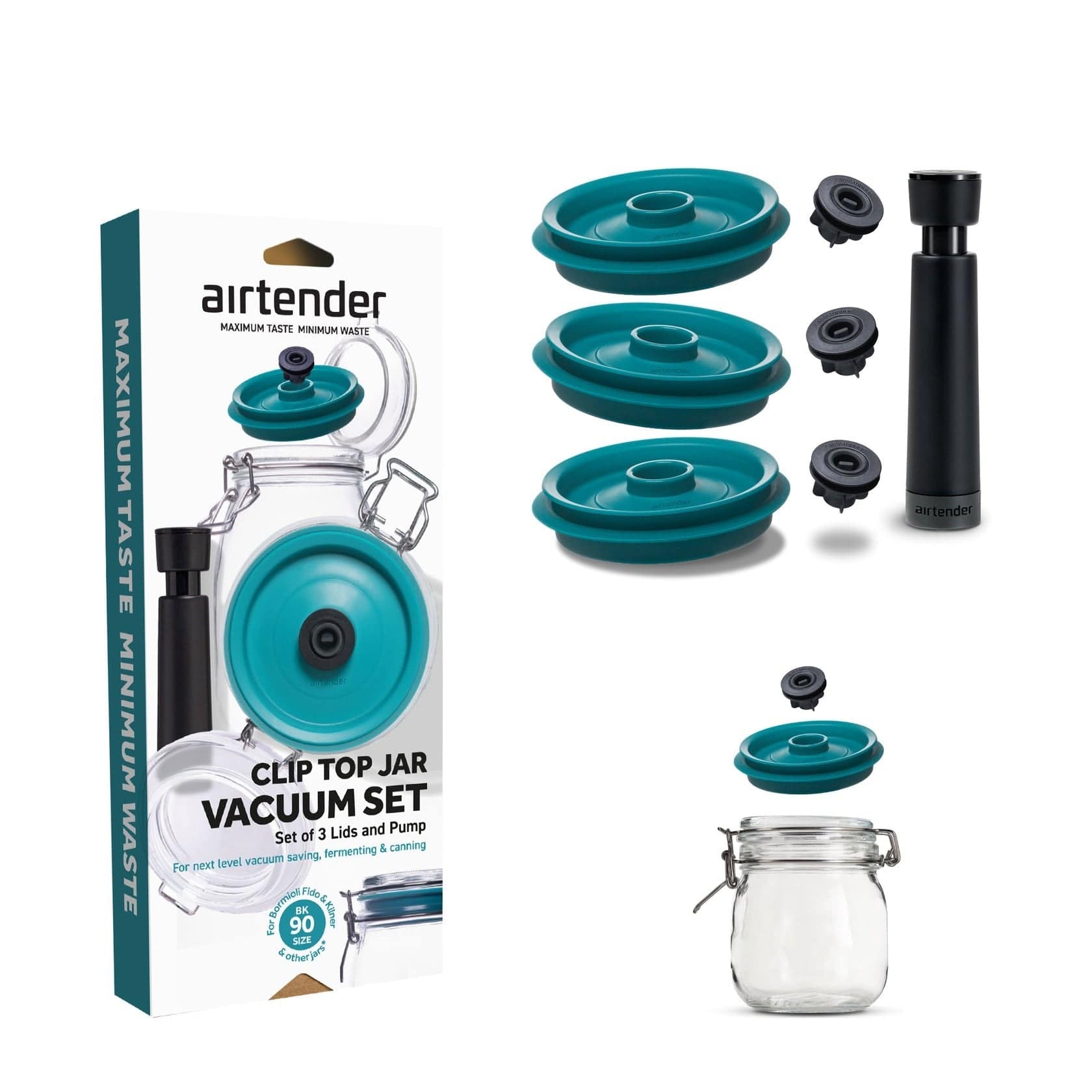 Airtender Clip Top Jar Vacuum Lid & Pump Set - Airtight Food Storage Solution for Mason Jars | Keep Food Fresh Longer | Ideal for Meal Prep, Leftovers & Dry Goods Storage