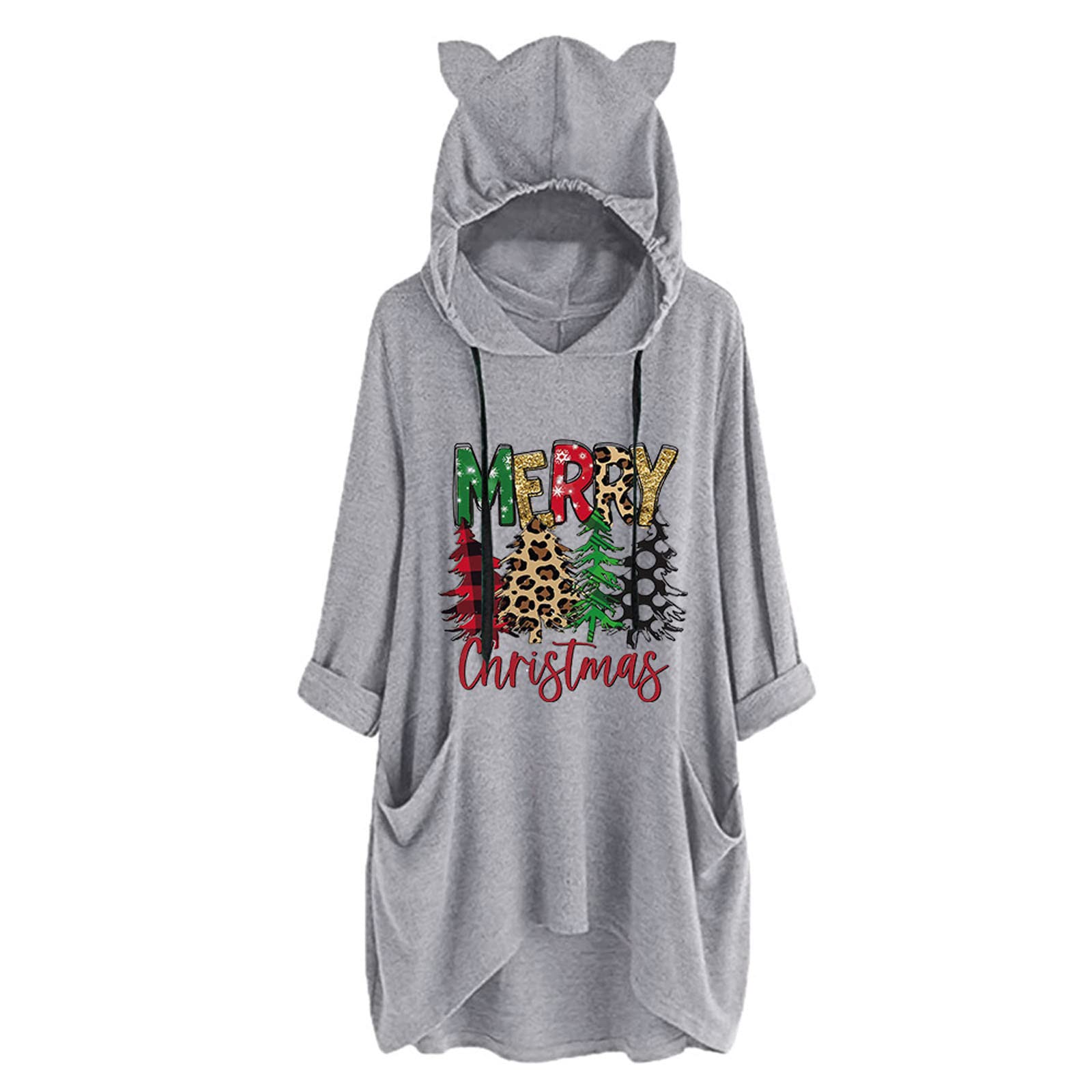 Festive Christmas Long Tunics for Women - Reindeer & Snowflake Print Graphic Tee with Pockets, Casual Long Sleeve Flowy Tops for Holiday Parties & Family Gatherings